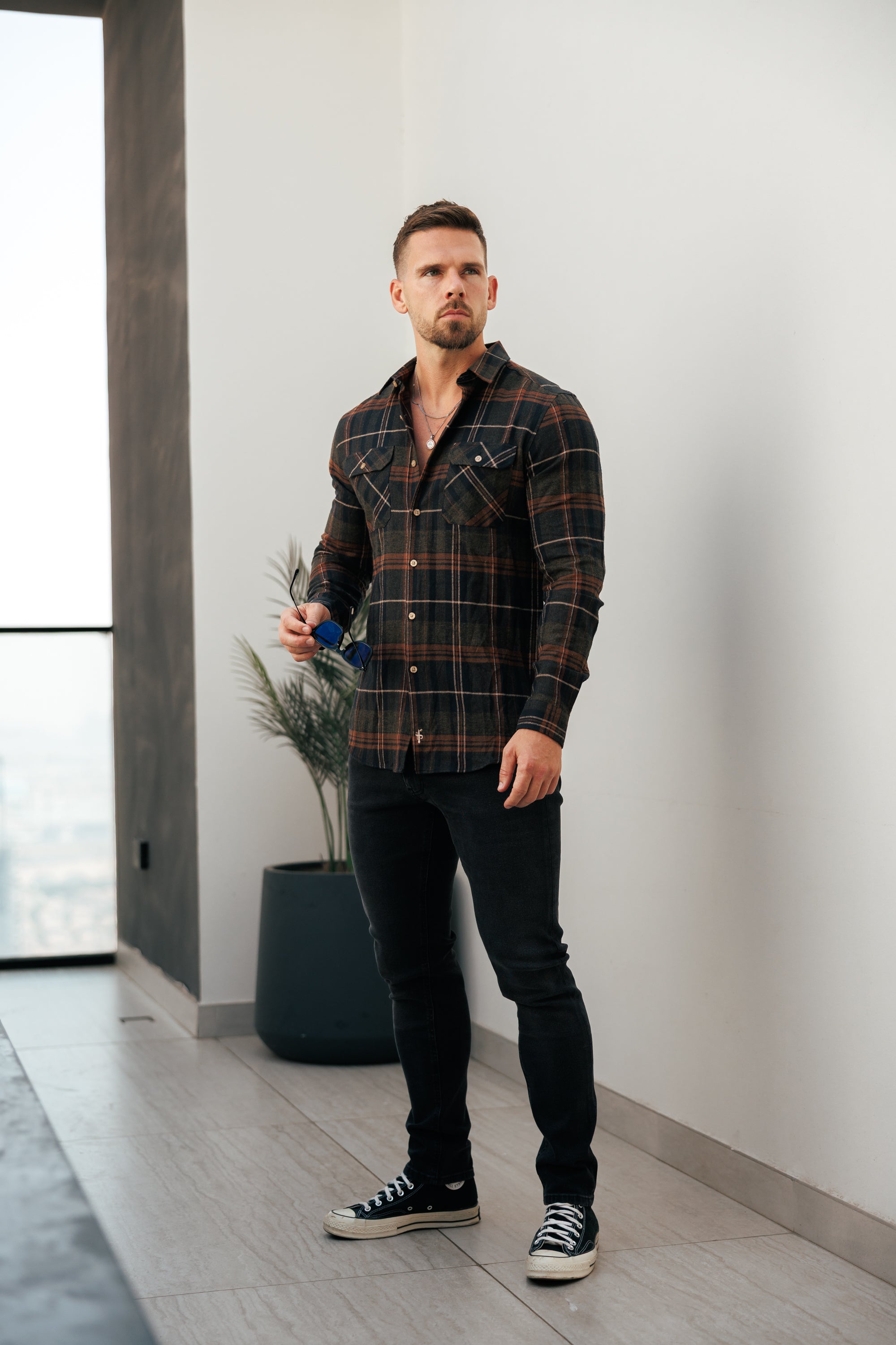 Brown Check Shacket With Double Pockets - FS1196