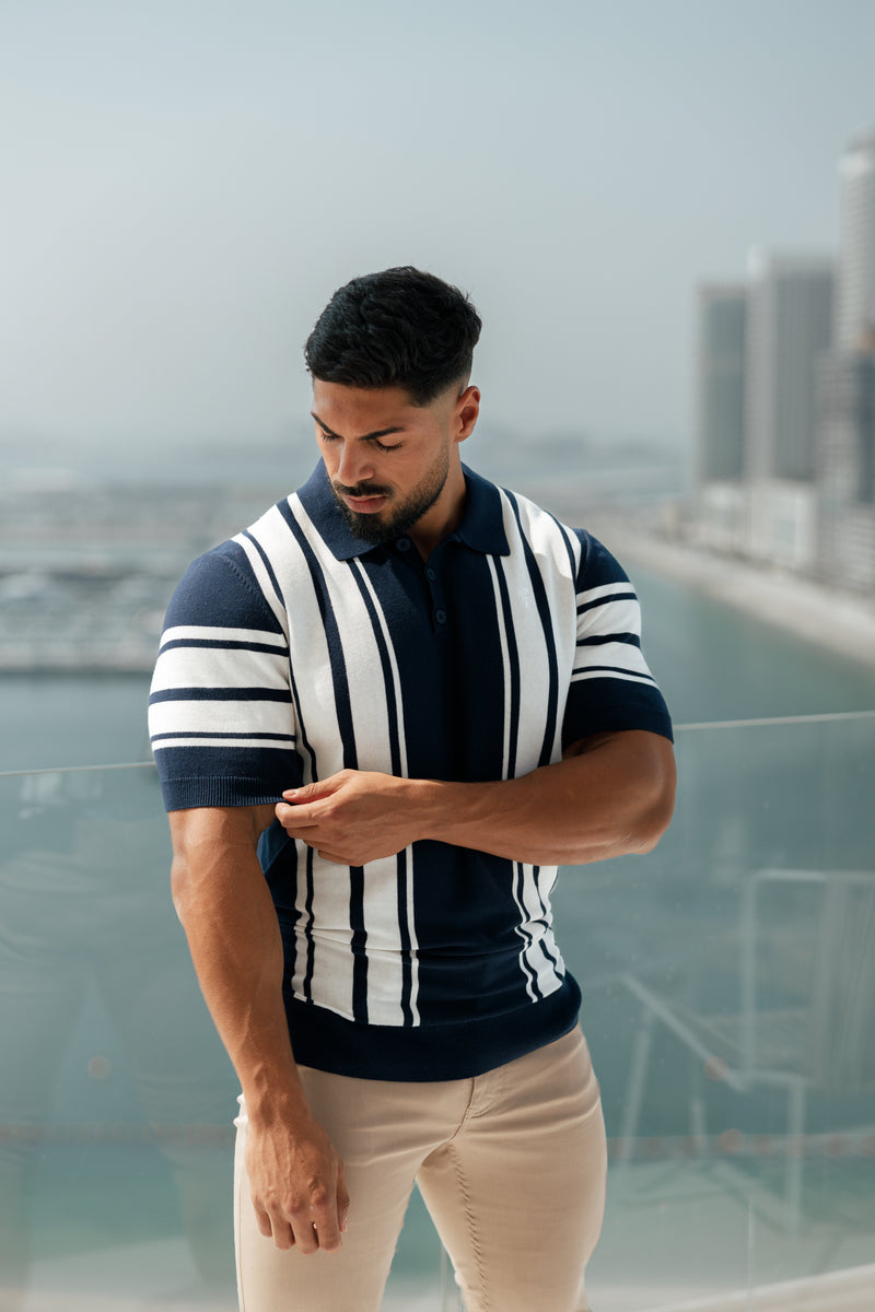 Father Sons Classic Navy / Off White Knitted Vertical Stripe Polo Short Sleeve - FSN105