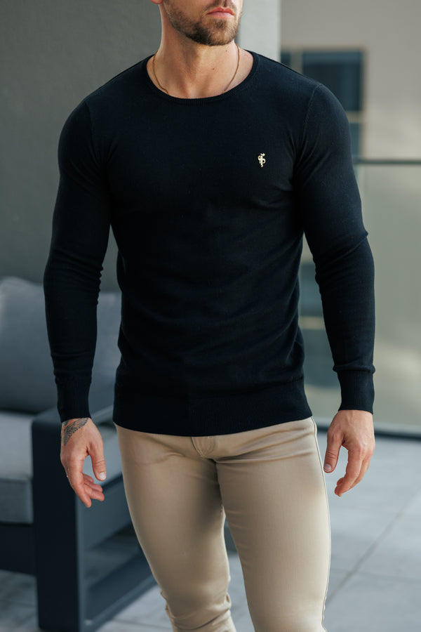 FS Black Crew Neck Knitted Jumper With FS Branding - FSN194