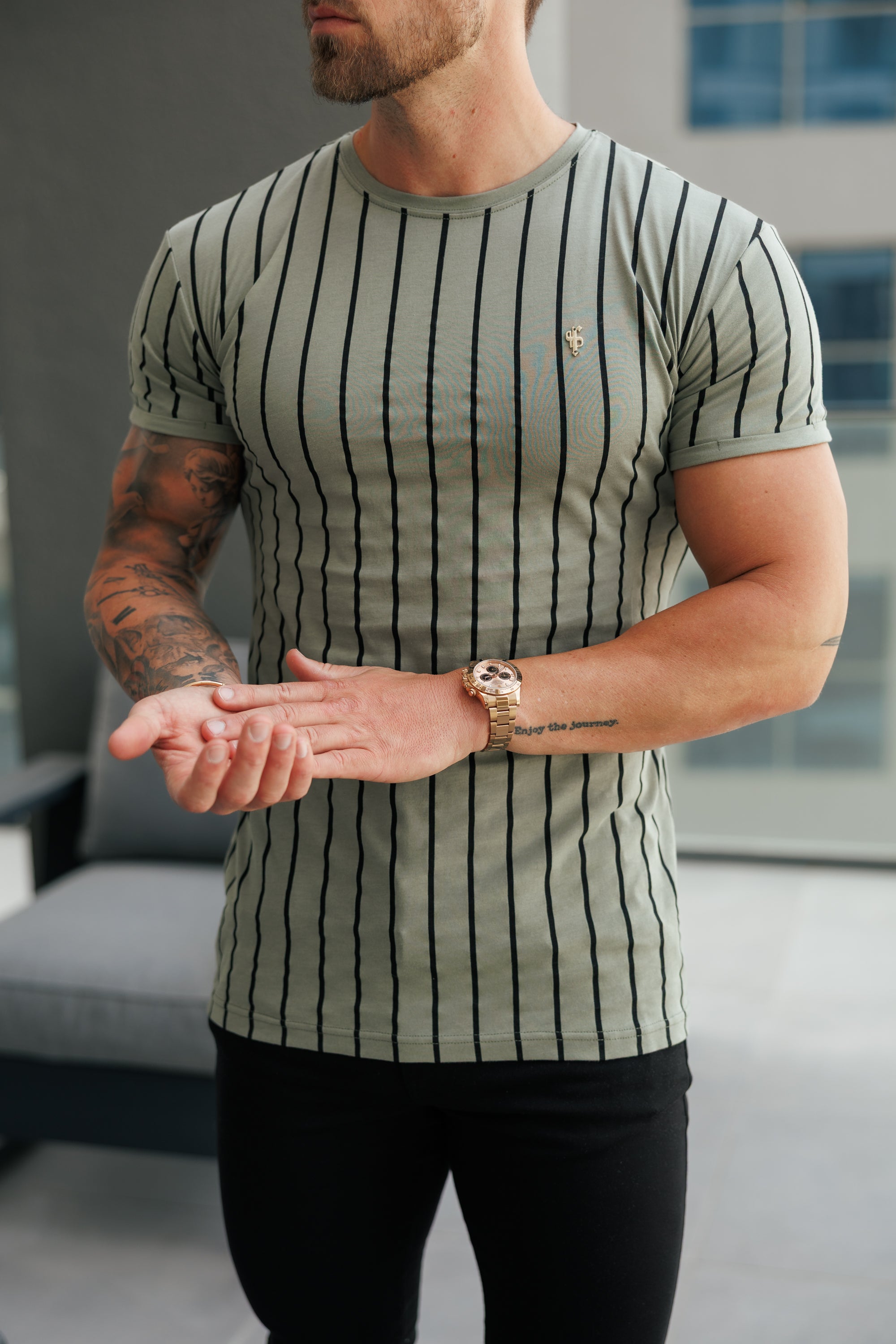Printed Olive / Black Stripe Fitted T Shirt - FSH1374