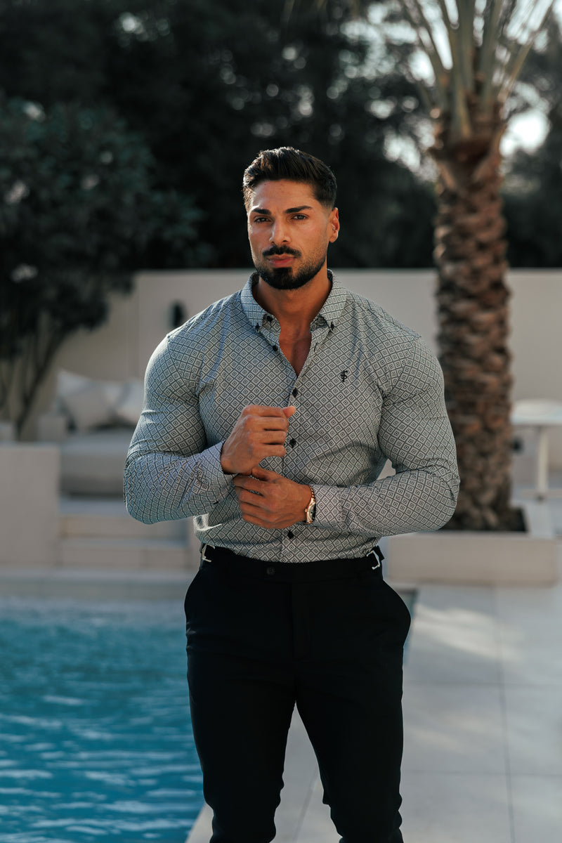 Father Sons Super Slim Stretch Black / White Diamond Print Long Sleeve with Button Down Collar - FS1226