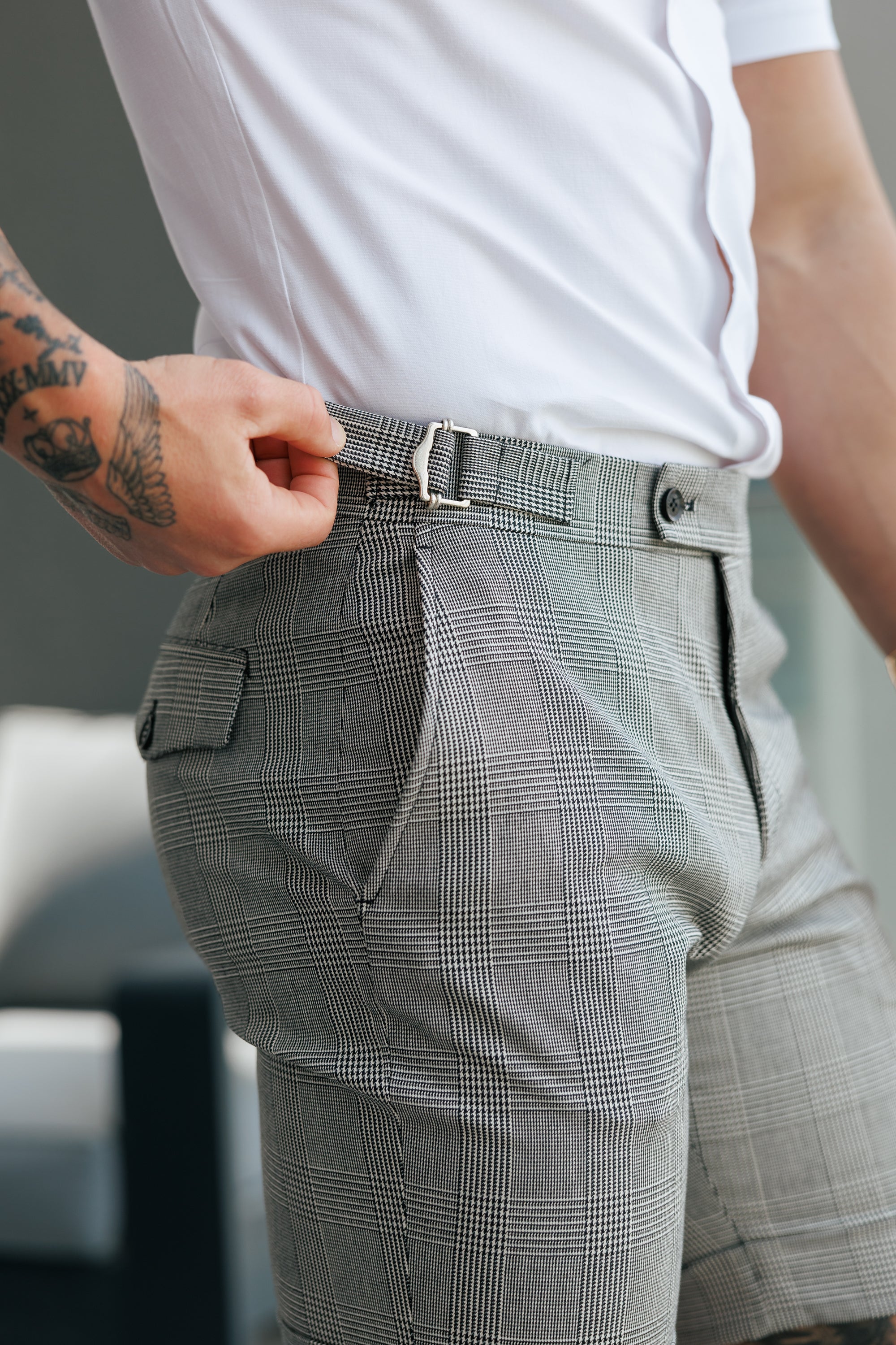 Tailored Prince of Wales Check Black / Ecru Shorts With Silver Side Adjusters- FSTS005