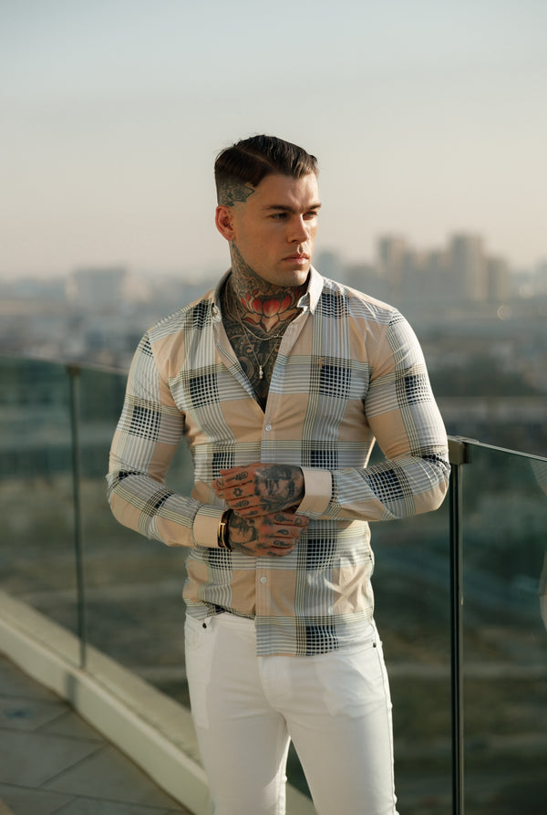 Father Sons Super Slim Stretch Peach / Grey Check Print Long Sleeve with Button Down Collar - FS901 (PRE ORDER 19TH JUNE)