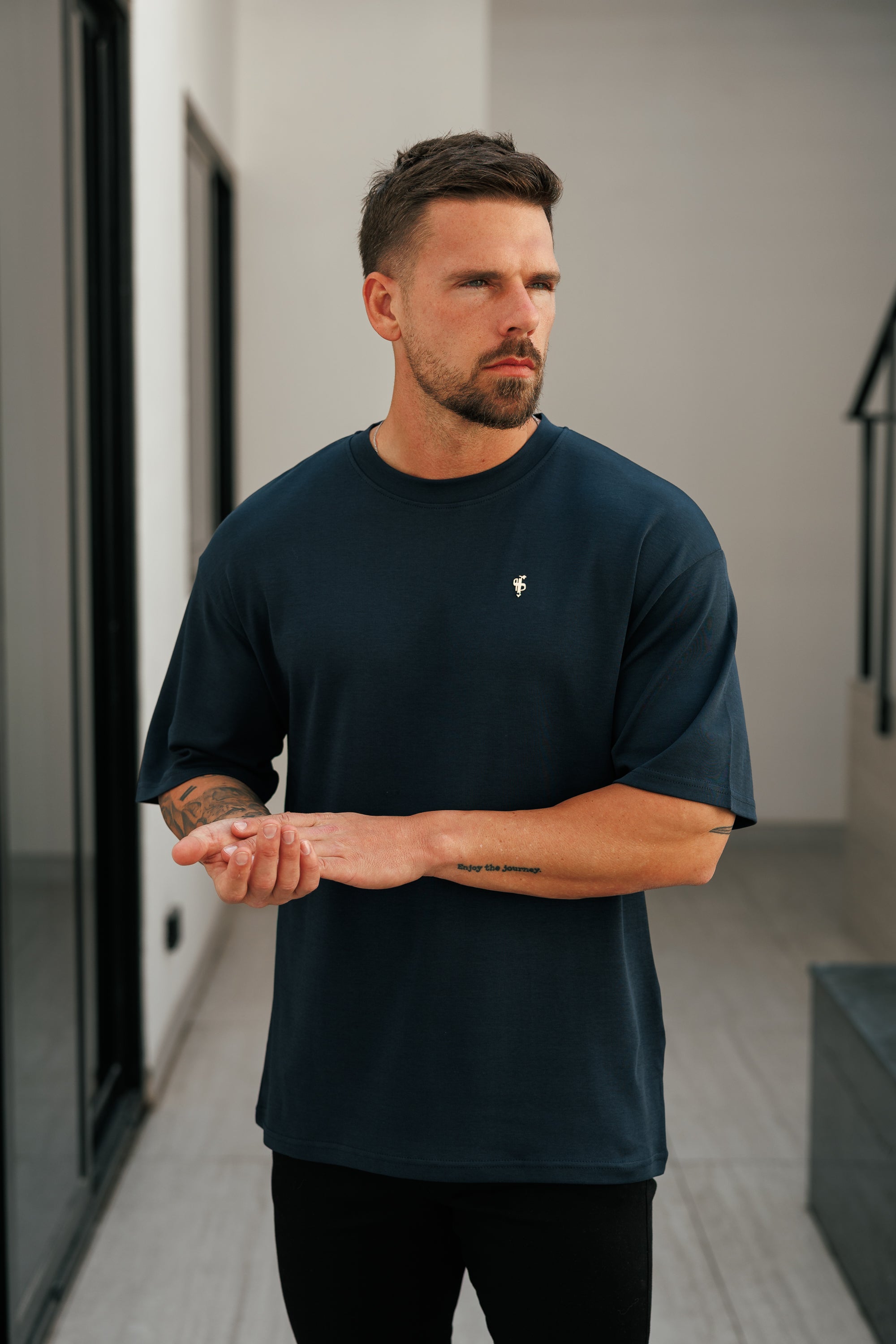 Navy / Gold Oversized Crew T Shirt - FSH1422