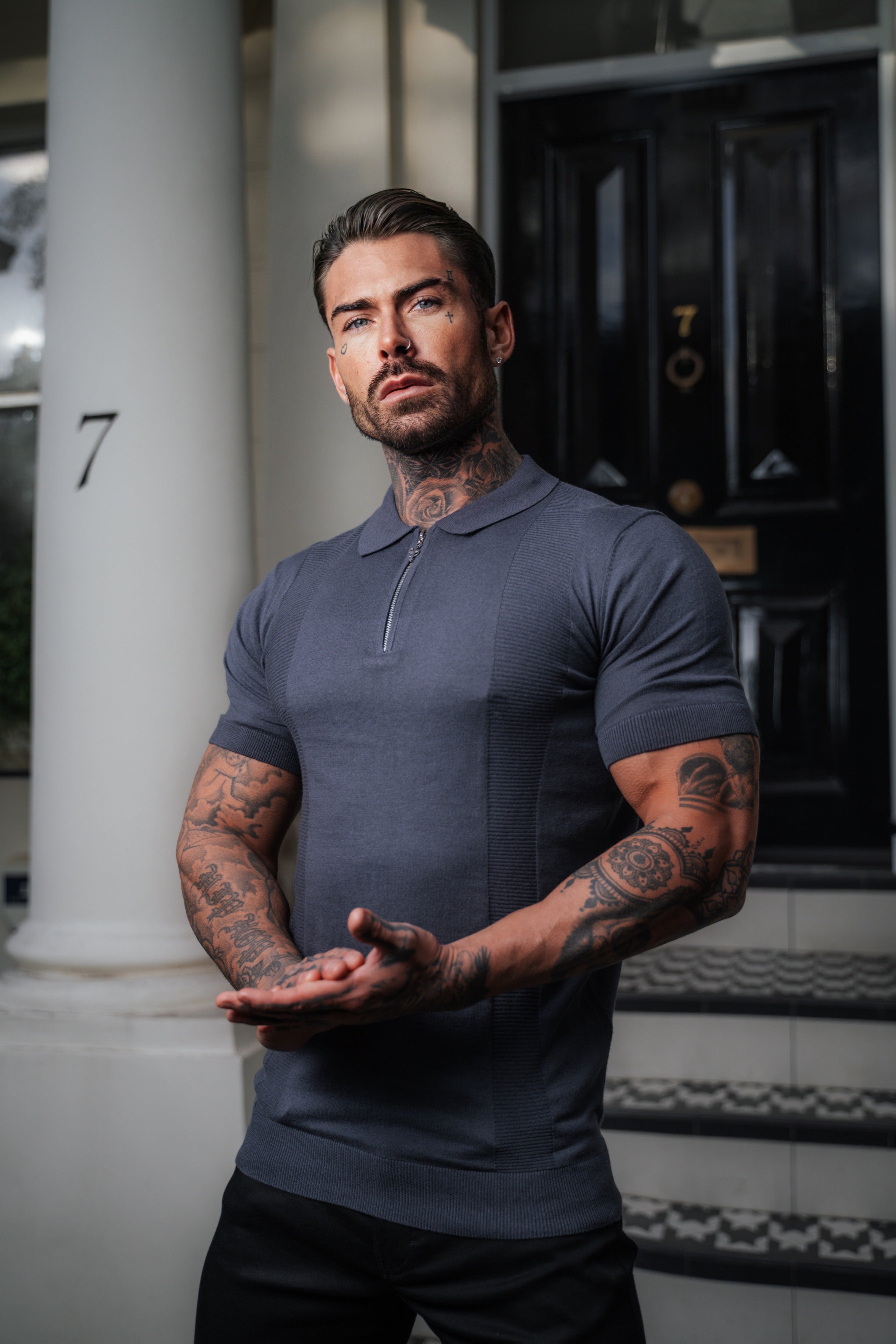 Classic Gunmetal and Silver Zip Knitted Polo Shirt Short Sleeve  - FSN133