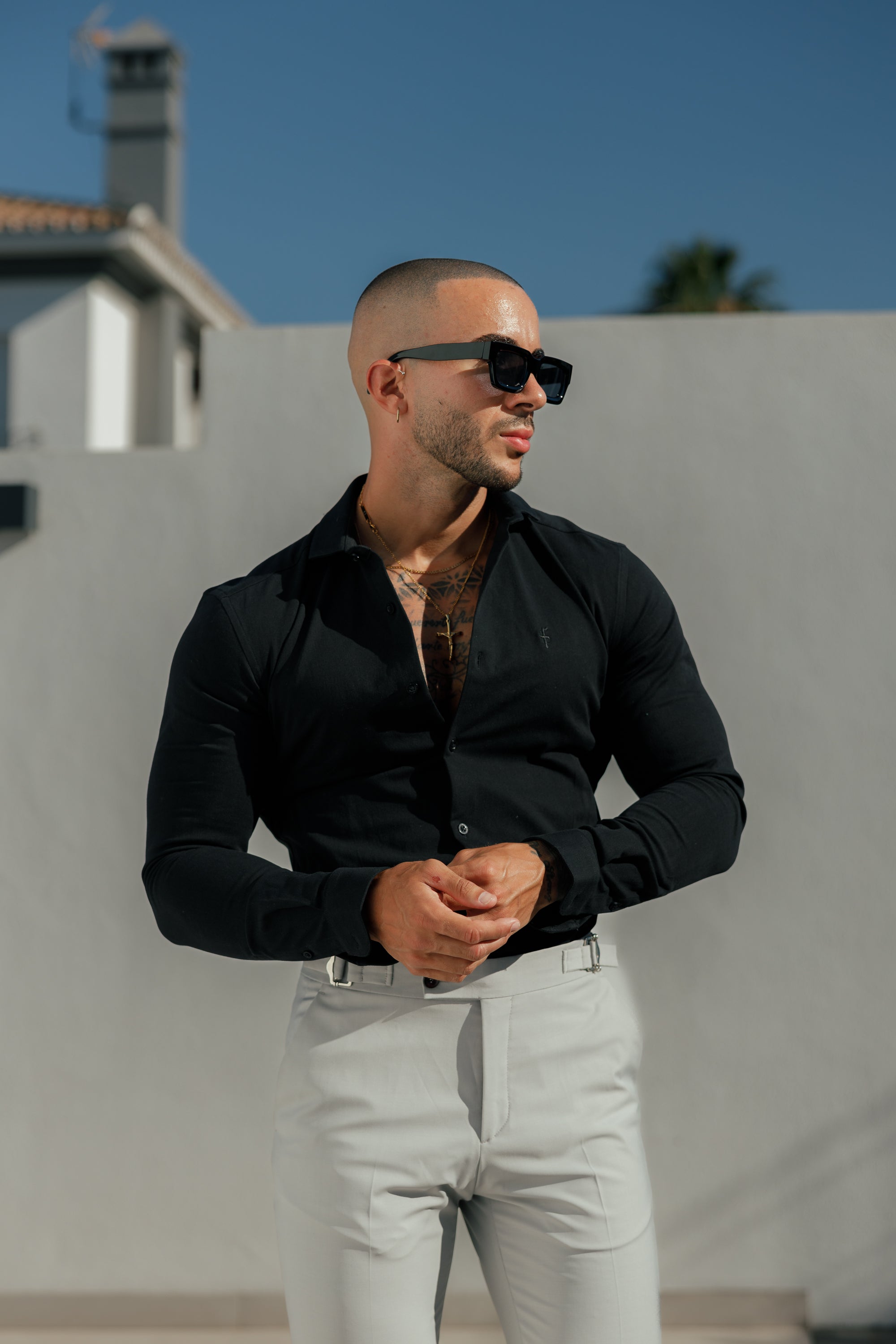 Super Slim Stretch Black Side Panel Shirt LS - FS1087