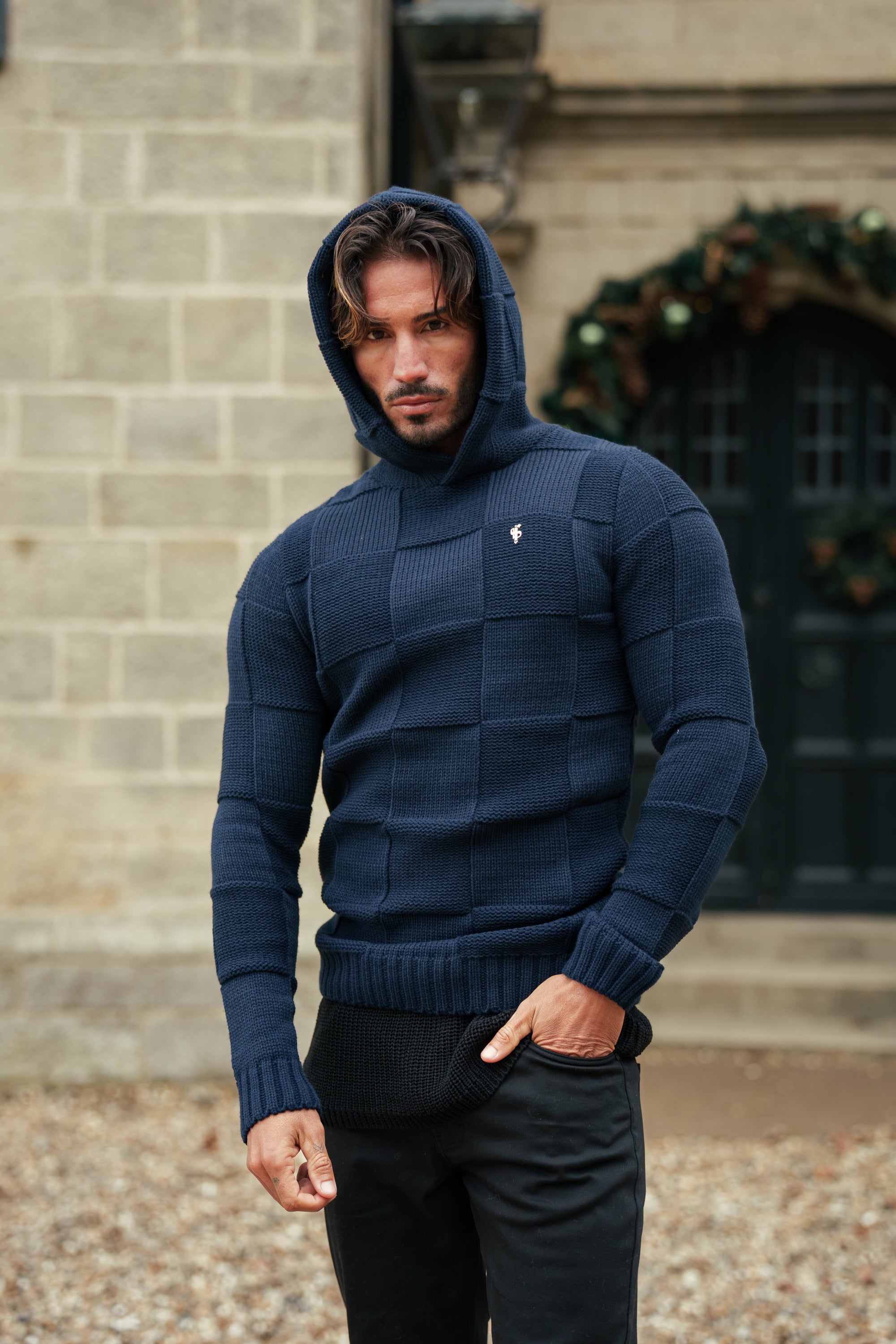 Navy Checkerboard Knitted Hoodie - FSJ138