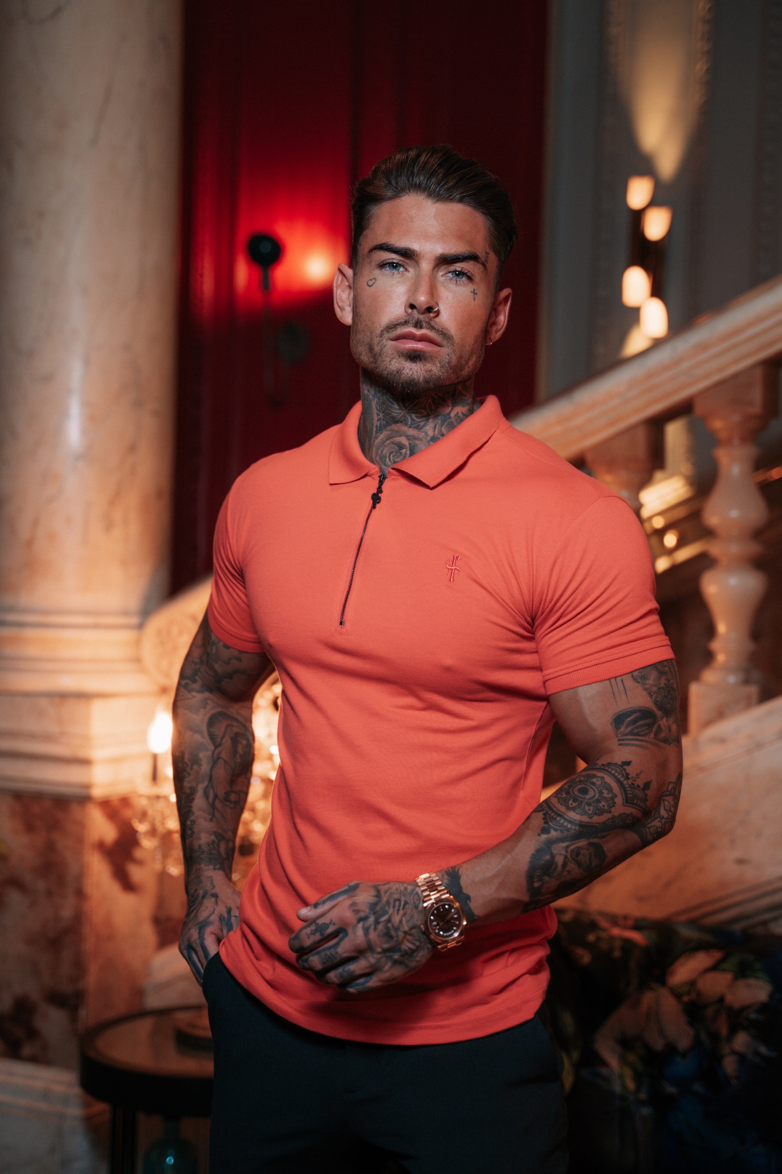 Classic Coral and Black Zipped Polo Shirt - FSH852