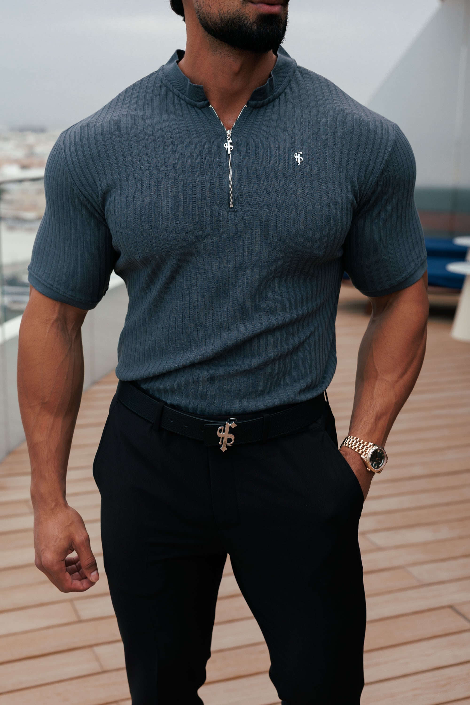 Classic Charcoal / Silver Ribbed Zip Grandad Collar Shirt Short Sleeve - FSH1448
