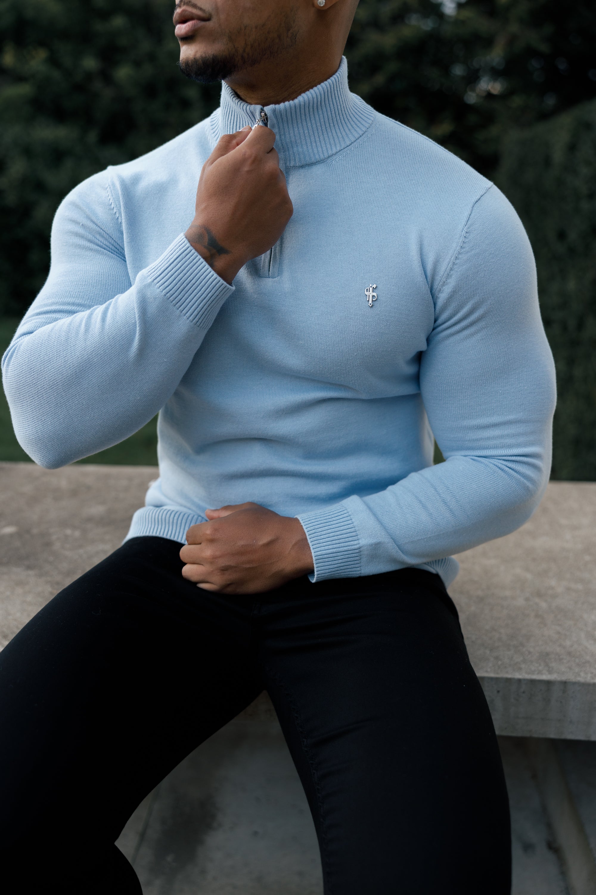 Light Blue Funnel Neck 1/2 Zip Knitted Jumper - FSN119