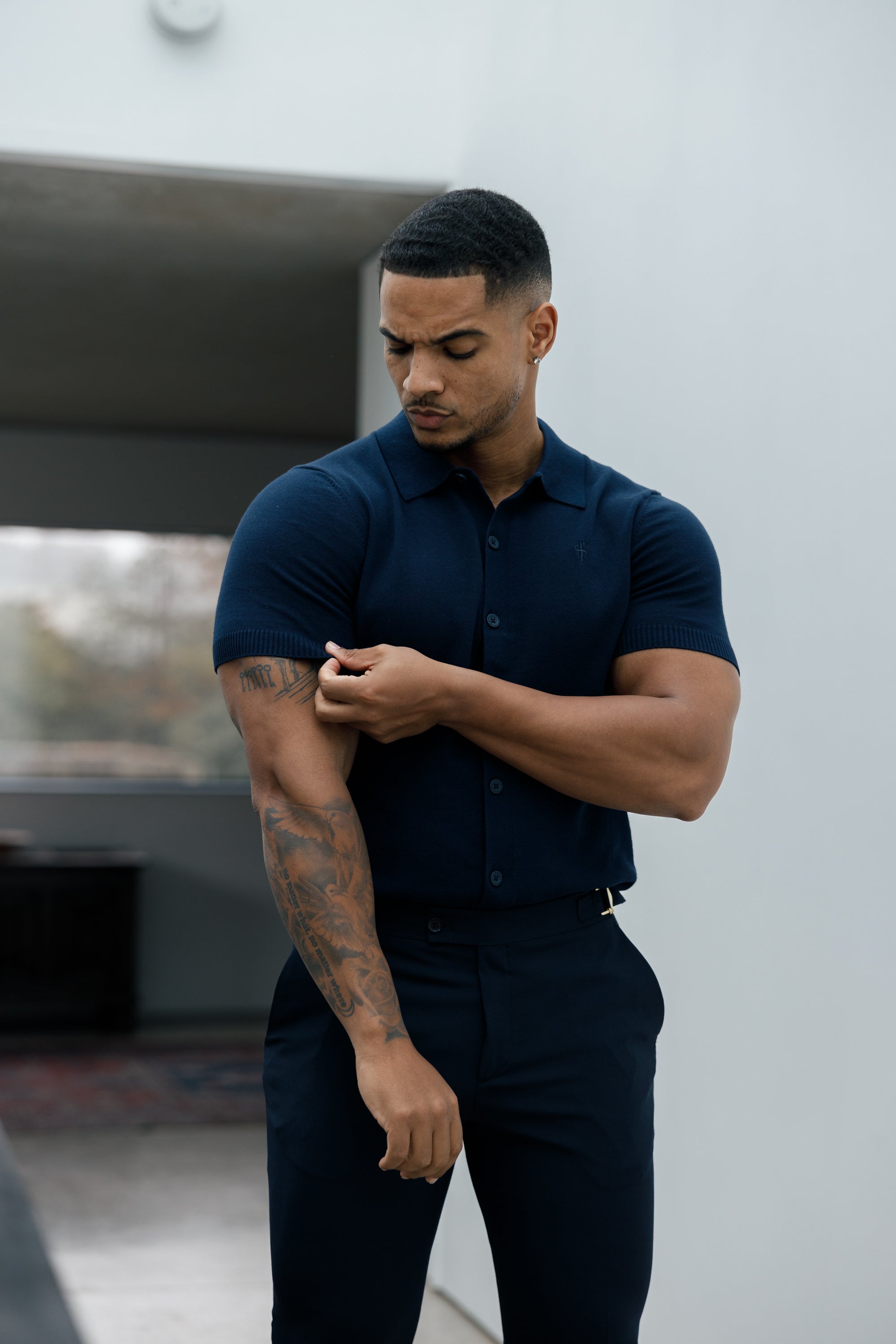 Classic Plain Navy Knitted Button Through Polo Short Sleeve - FSN103