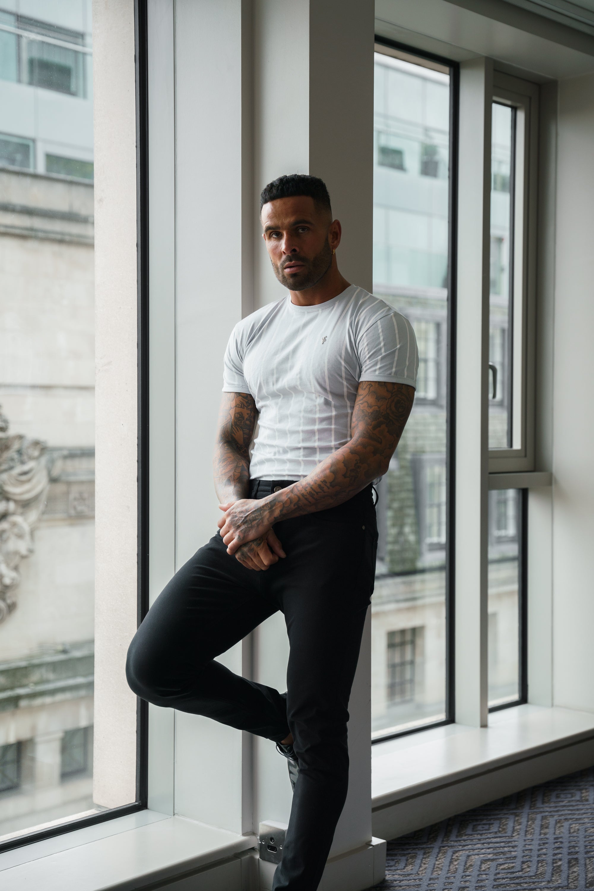 Printed Light Grey / White Stripe Fitted T Shirt - FSH1172