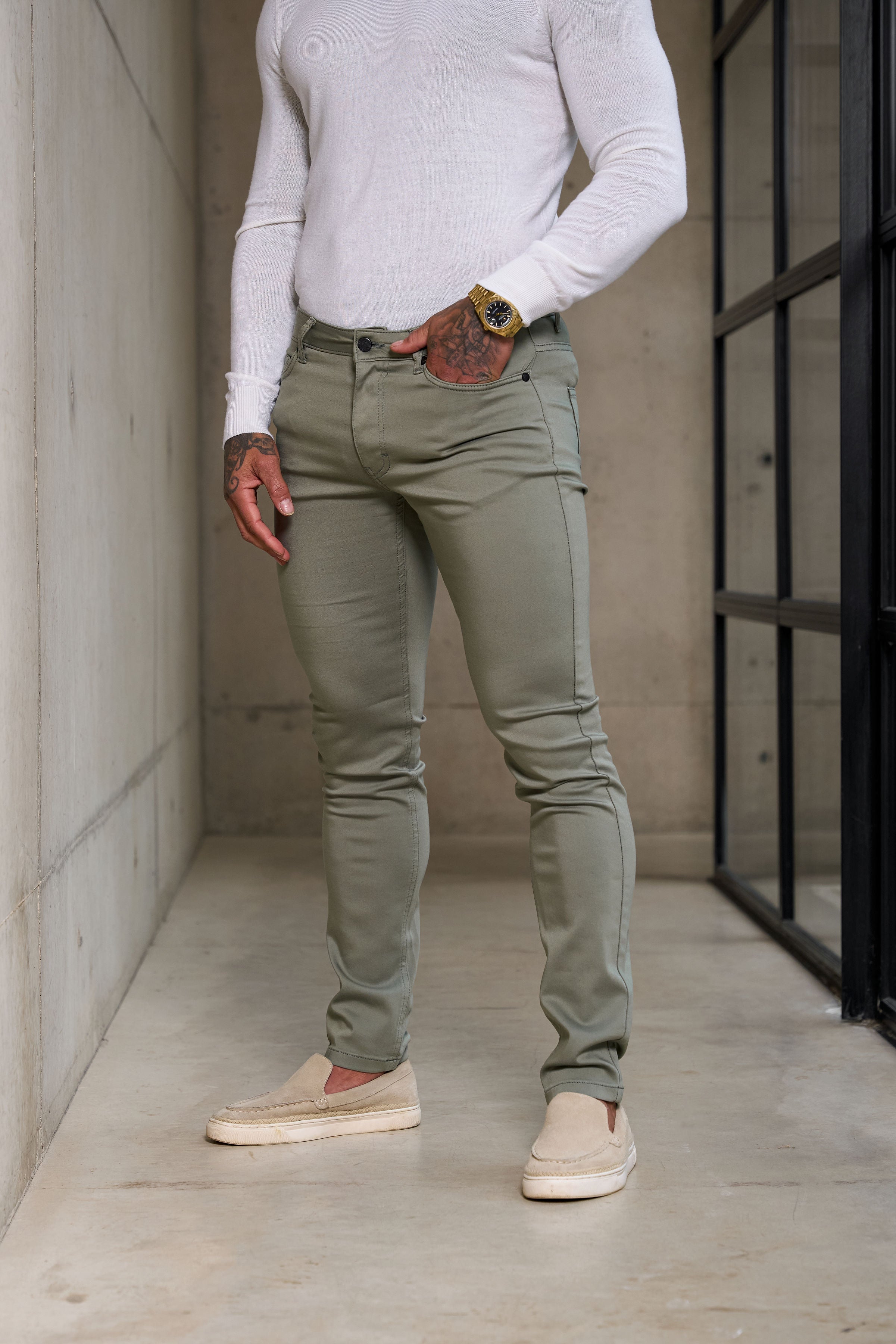 Slim Stretch Olive Relaxed Sateen Trousers - FSH1304