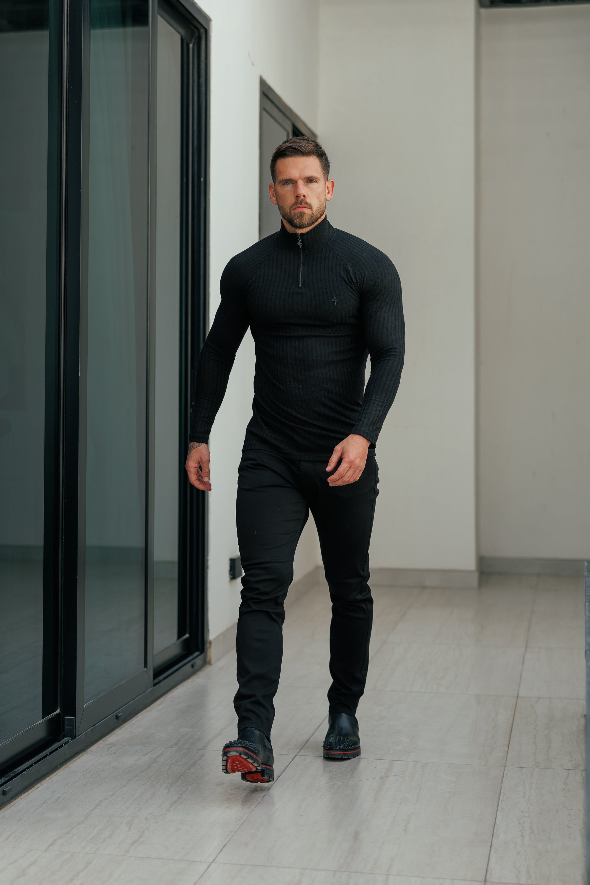 Super Slim Black Ribbed Zip Funnel Neck Raglan Long Sleeve Crew - FSH1265