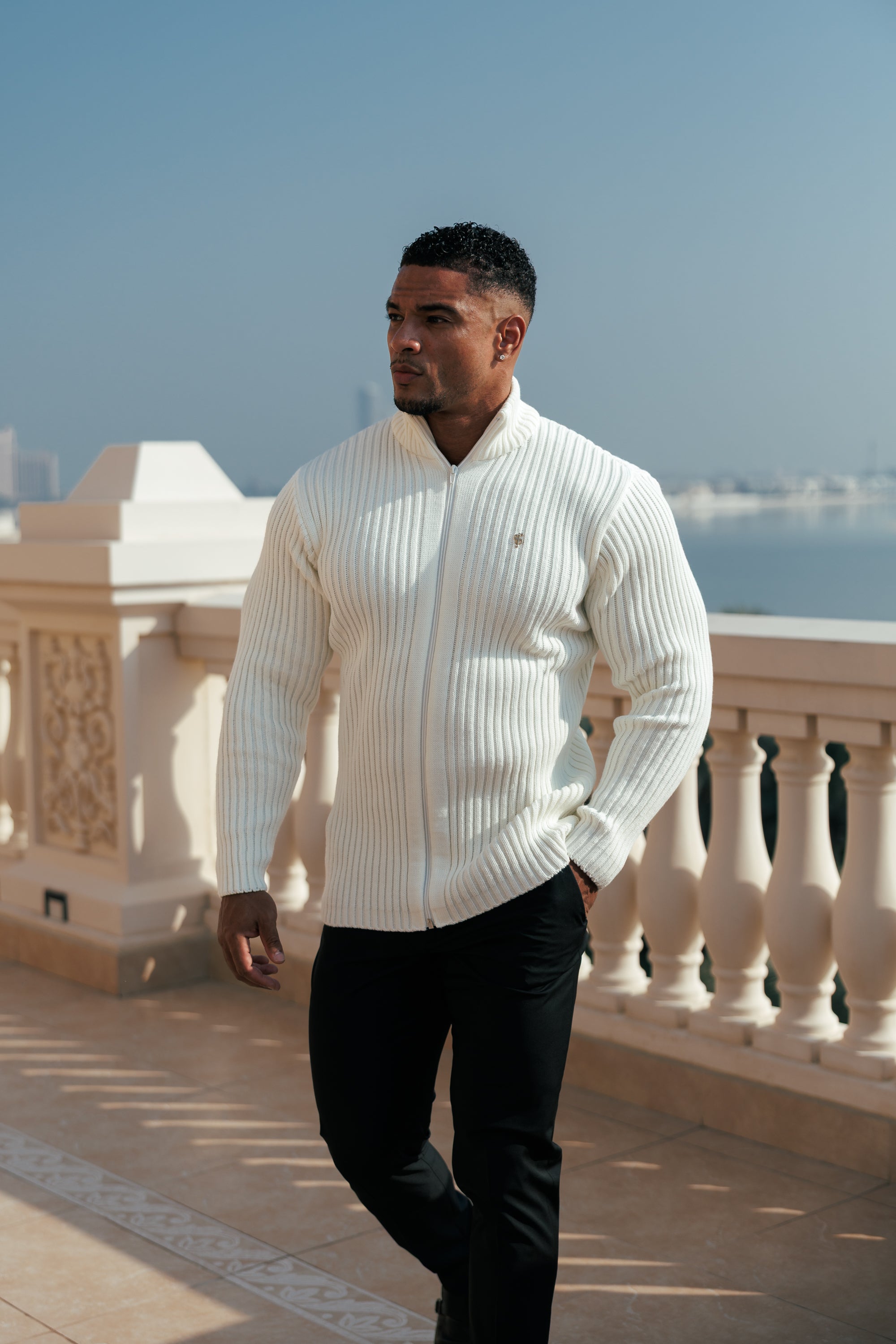 Chunky Cream Ribbed Zipped Cardigan with Gold Emblem- FSJ096