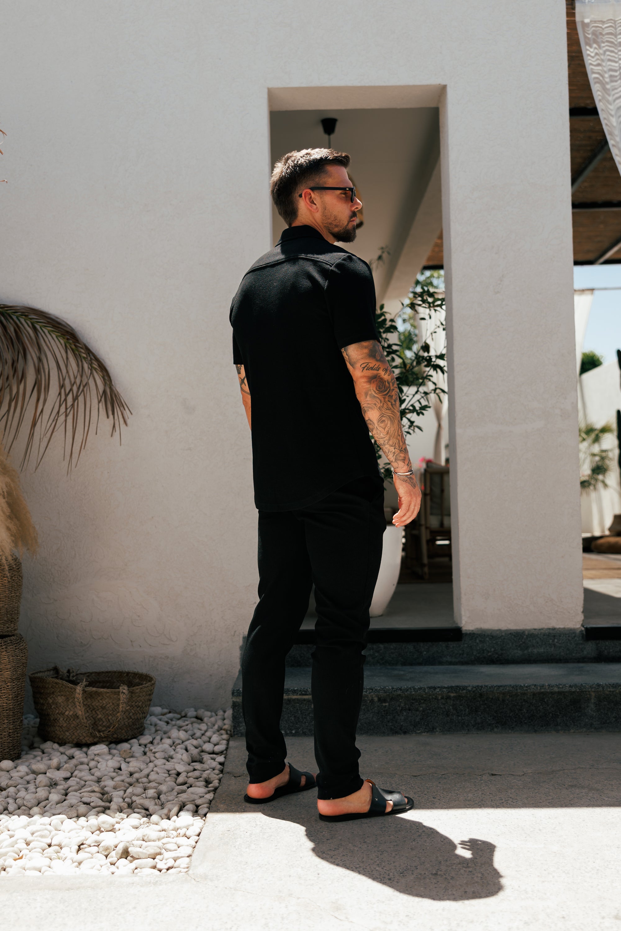 Jersey Cord Stretch Black Revere Shirt Short Sleeve - FSR070