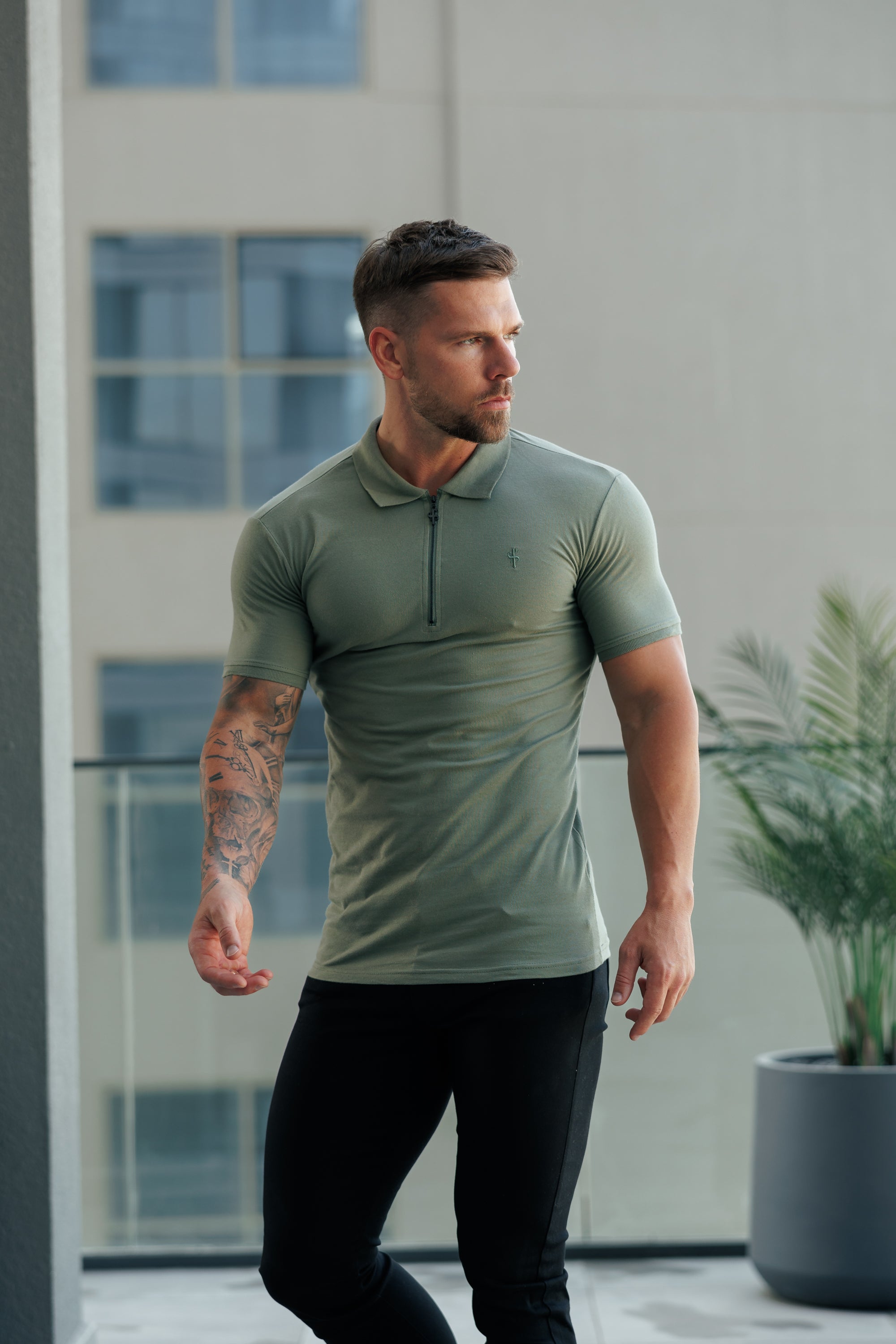Classic Olive and Black Zipped Polo Shirt - FSH1230