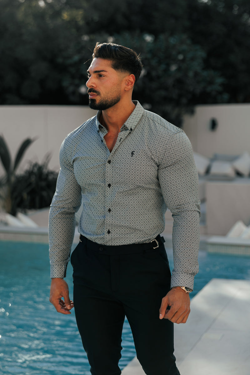 Father Sons Super Slim Stretch Black / White Diamond Print Long Sleeve with Button Down Collar - FS1226