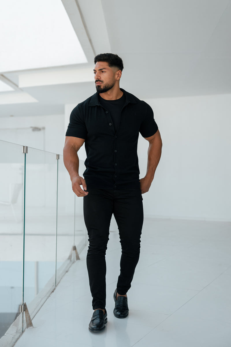 Father Sons Classic Plain Black Knitted Button Through Polo Short Sleeve - FSN101