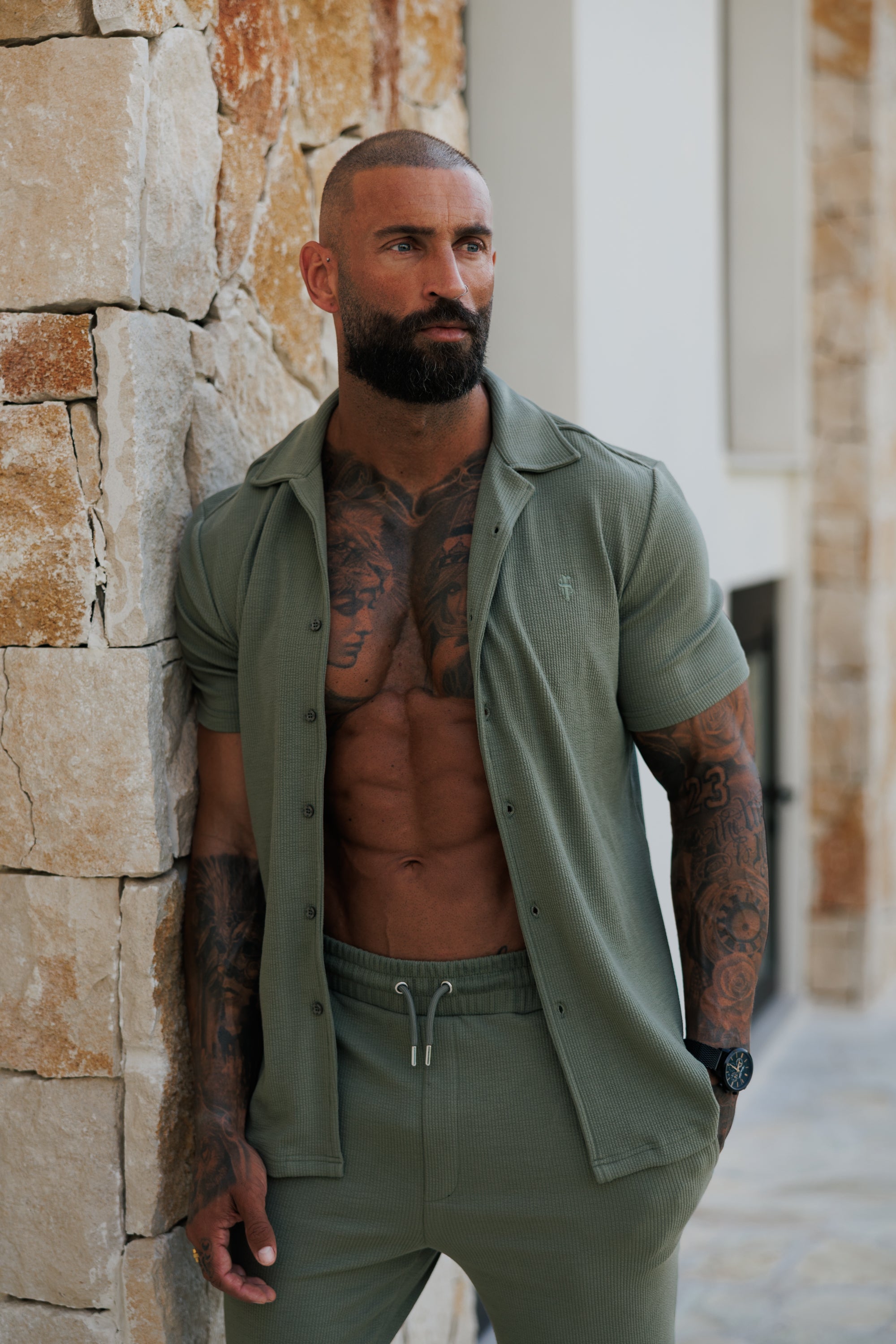 Jersey Cord Stretch Olive Revere Shirt Short Sleeve - FSR072 (PRE ORDER 30TH JUNE)