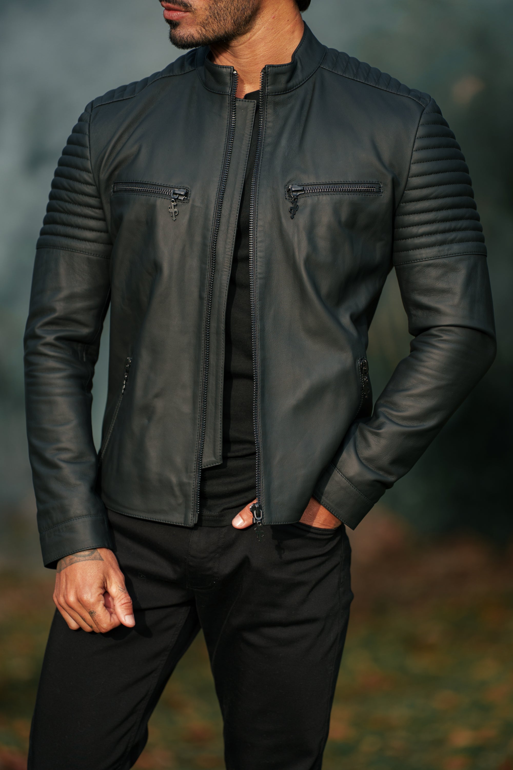Black Bomber Leather Jacket - FSH1436