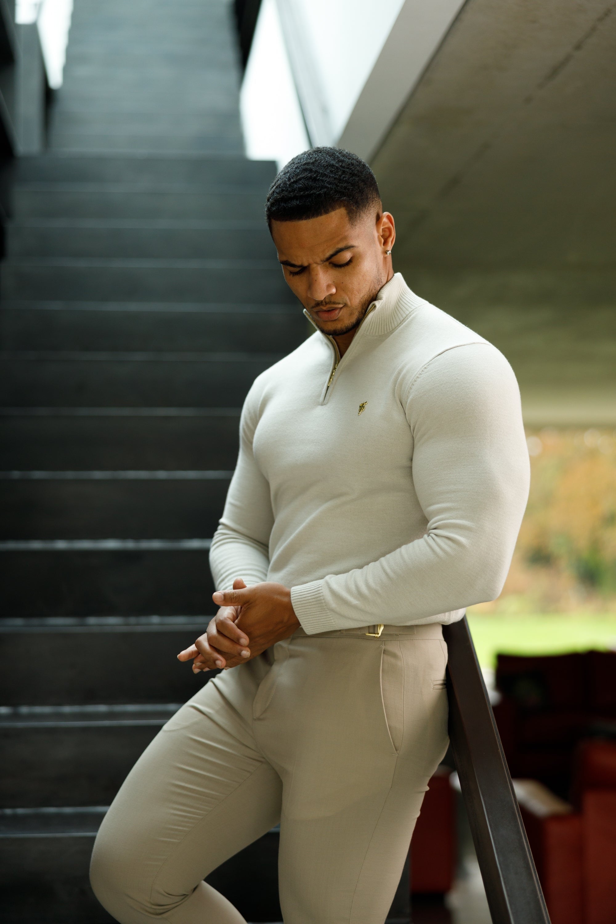 Beige Funnel Neck Knitted Jumper With FS Branding - FSN190