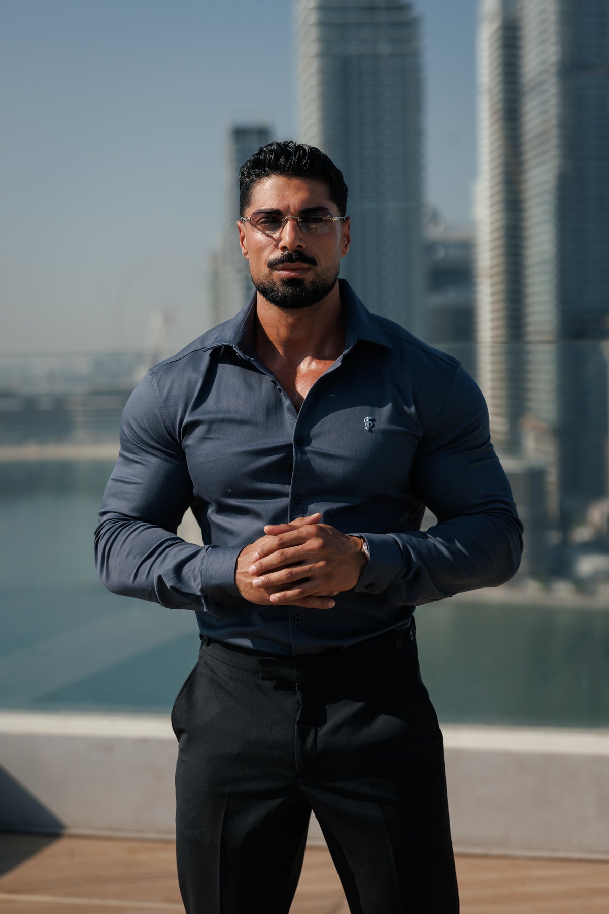 Super Slim Stretch Gunpowder Denim Long Sleeve with Silver Metal Decal and Cutaway Collar - FS1315