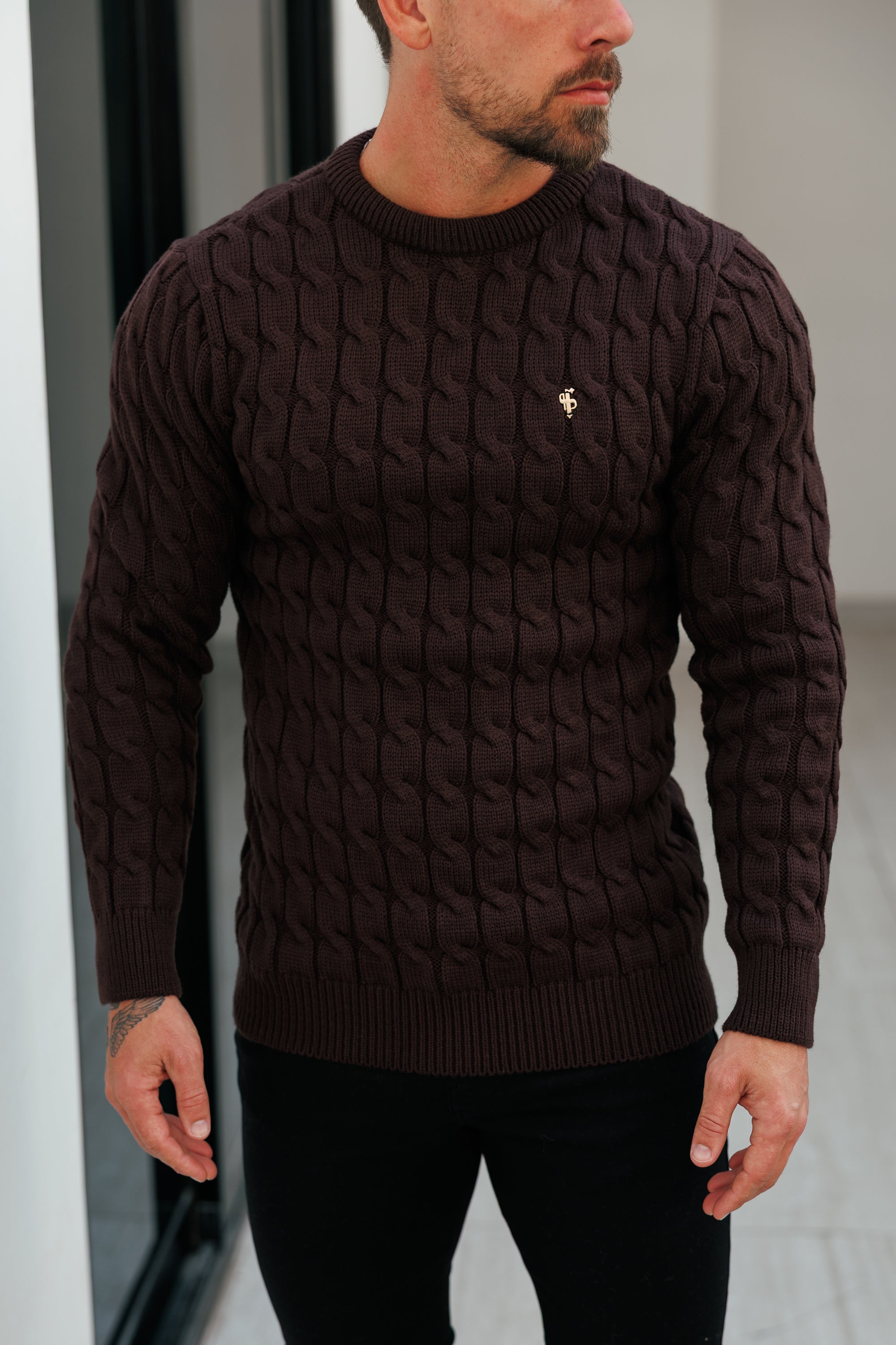 Link Weave Knit Brown Crew Neck Jumper - FSJ141