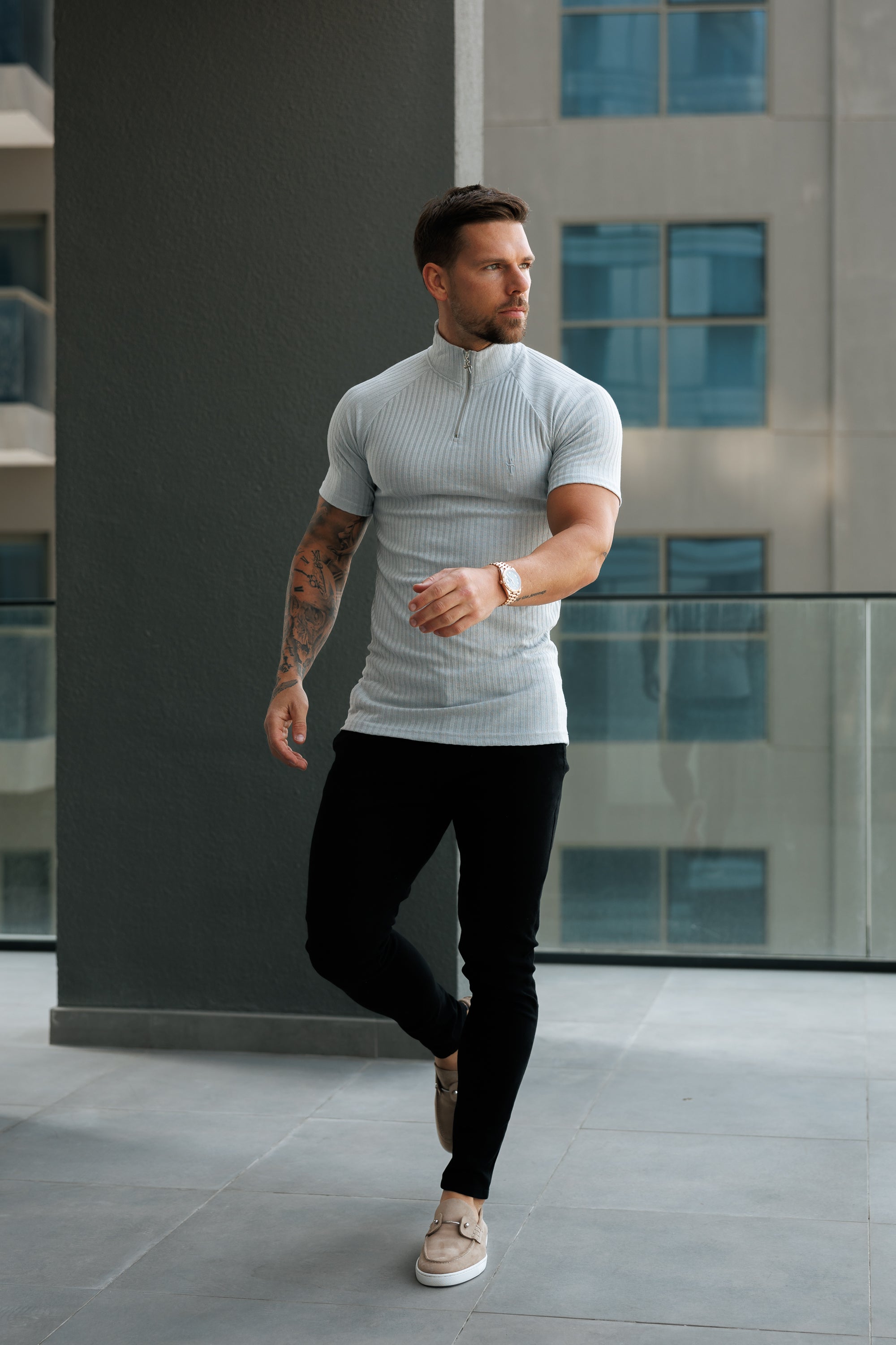 Classic Light Grey Ribbed Zip Funnel Neck Raglan Short Sleeve Crew - FSH1287
