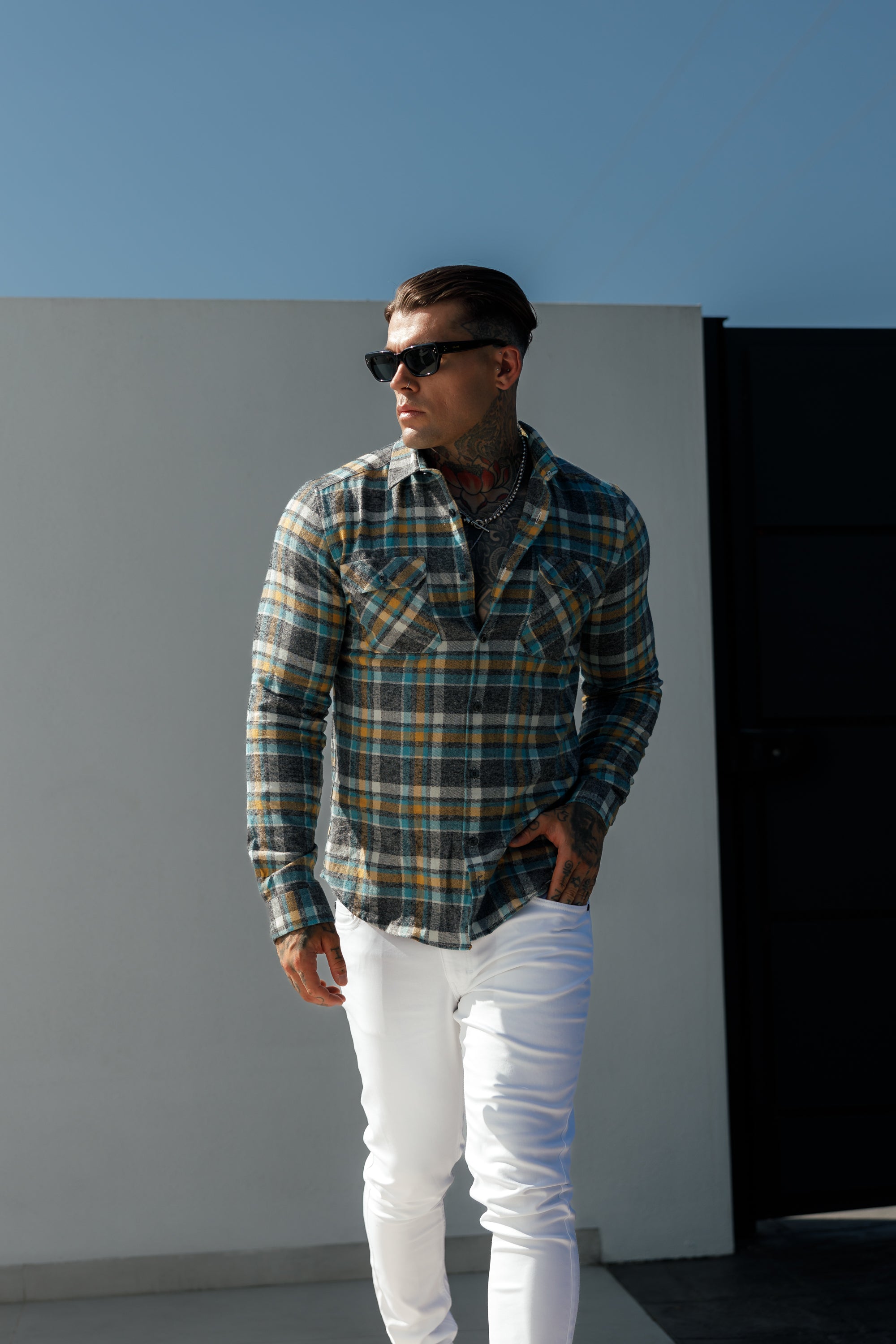 Aqua / Yellow Check Shacket With Double Pockets - FS1073