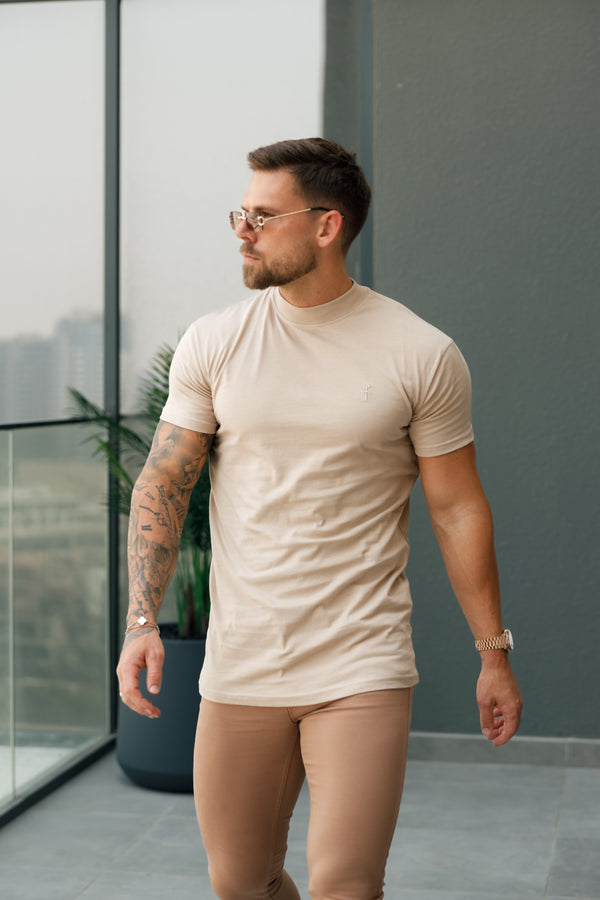 FS Ribbed High Neck Crew Short Sleeve Beige - FSH1141