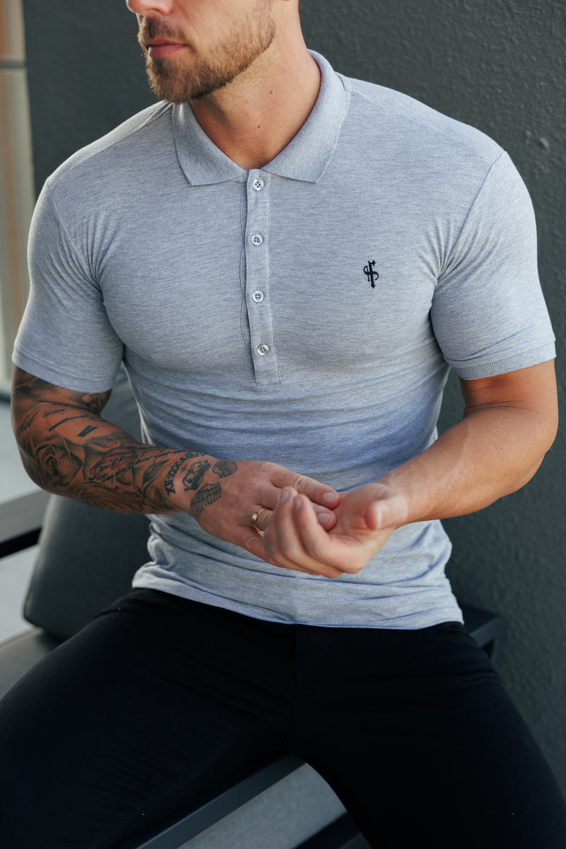 Father Sons Classic Light Grey Polo Shirt with Tonal Button and Black Embroidery - FSH1268