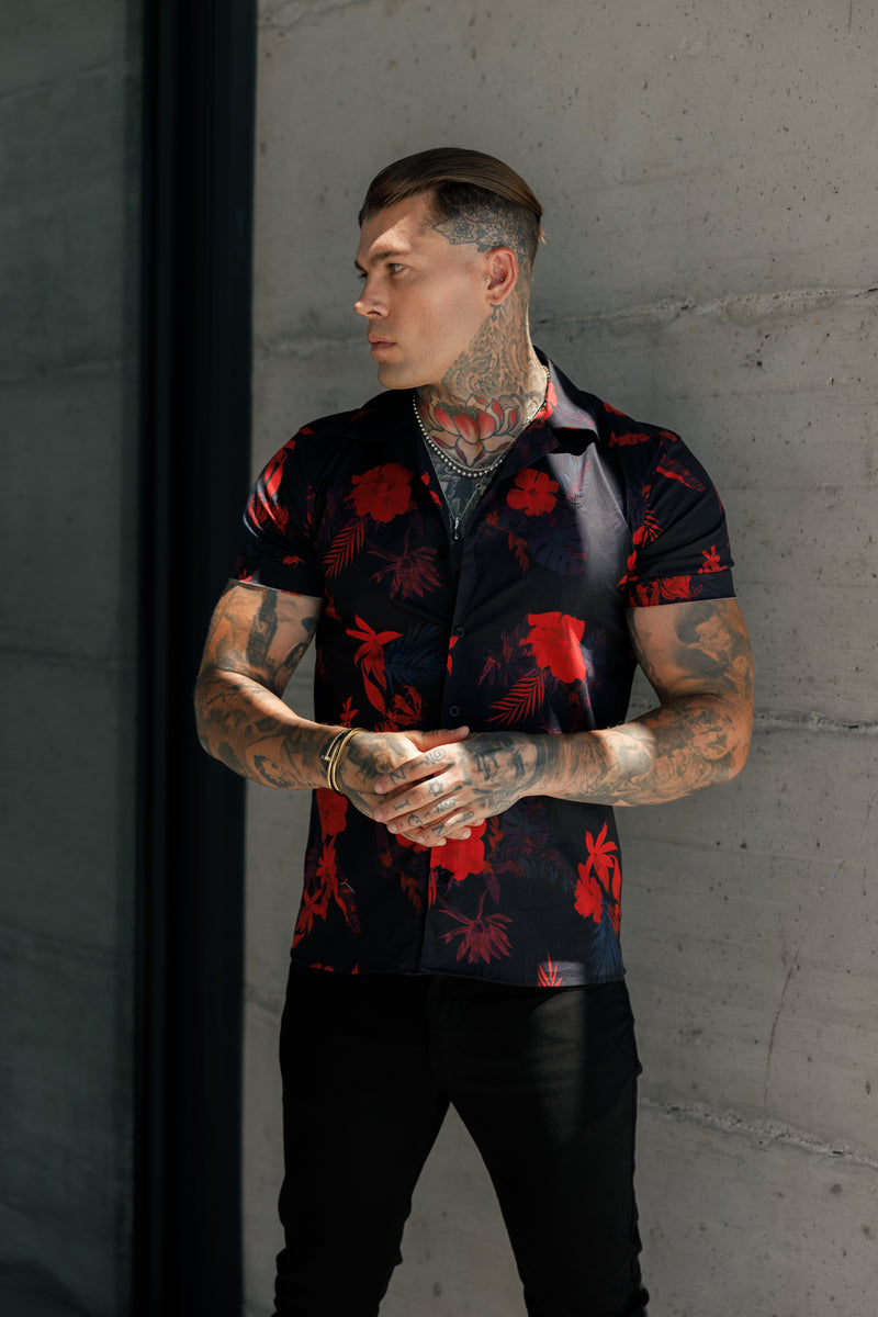 Father Sons Hawaiian Boxy Black / Red Floral Print Stretch with Revere Collar Short Sleeve - FS994