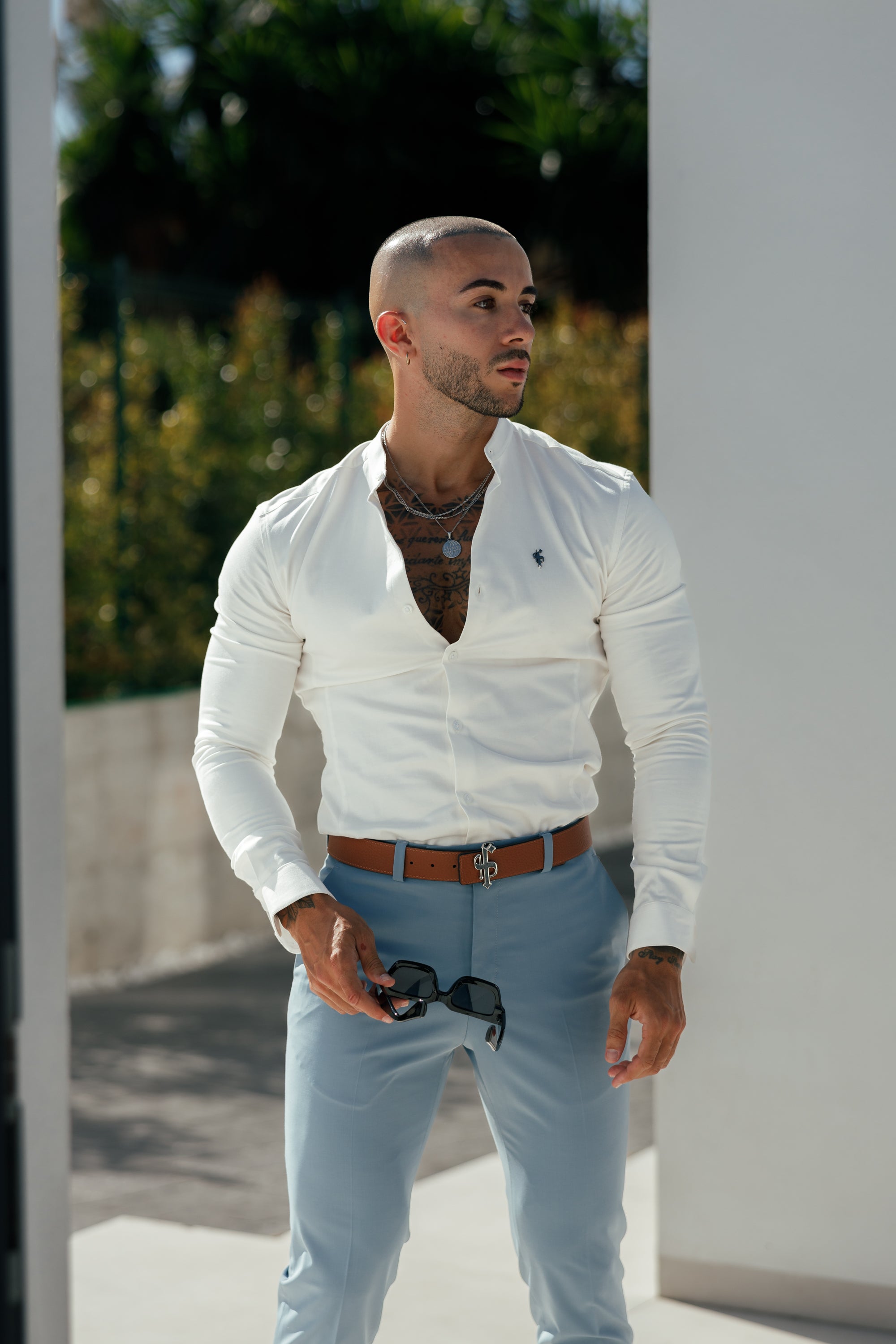 Super Slim Stretch Off White Side Panel Shirt Grandad Collar LS - FS1091