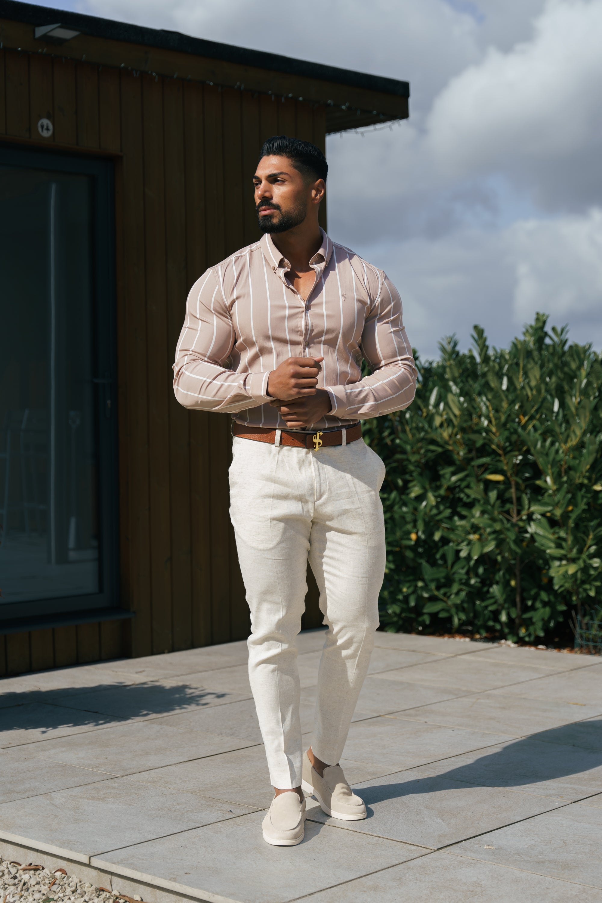 Super Slim Stretch Taupe Printed Wide Stripe Long Sleeve with Button Down Collar - FS1065