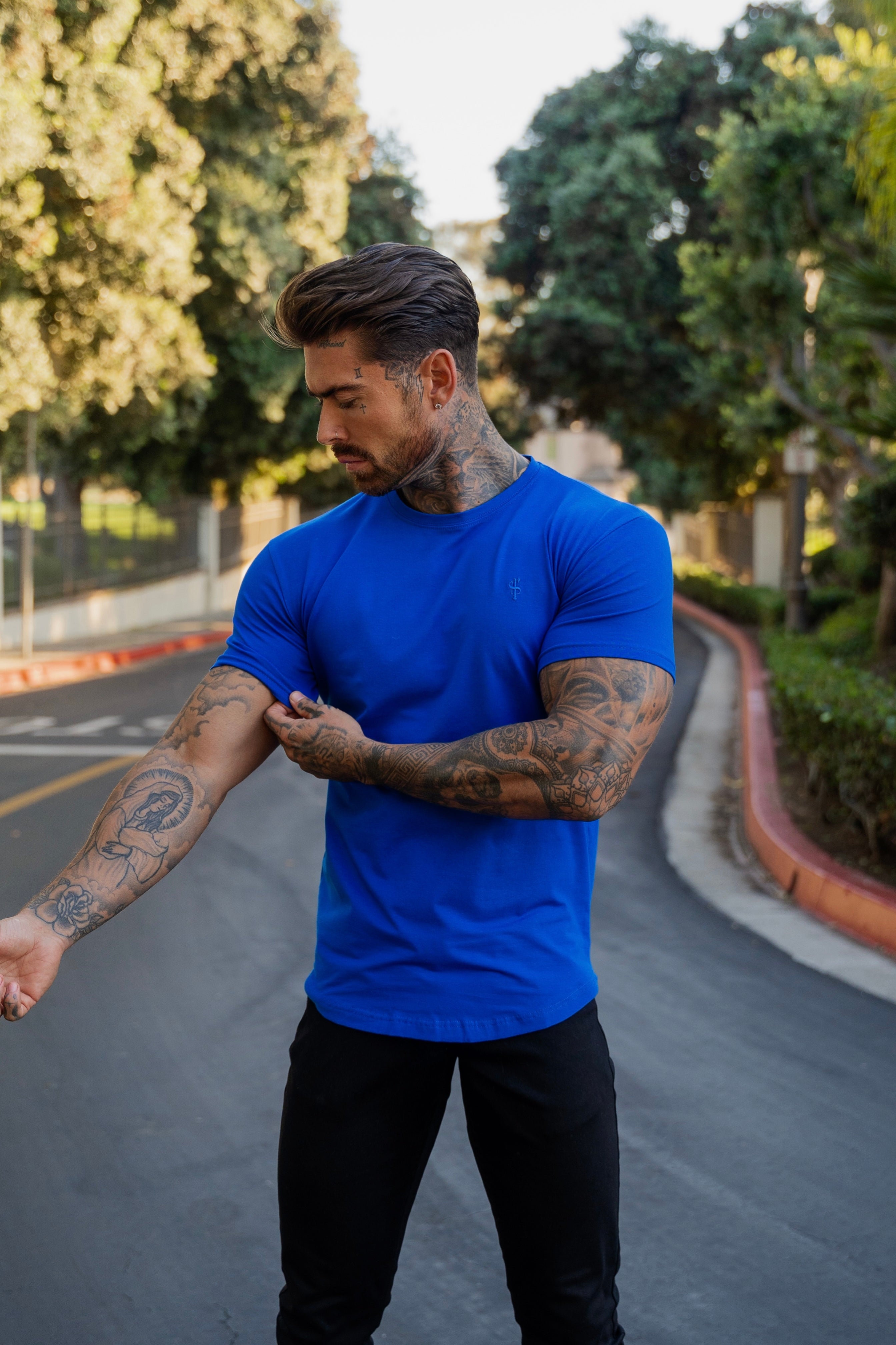 Classic Royal Blue Curved Hem Crew T Shirt - FSH1154