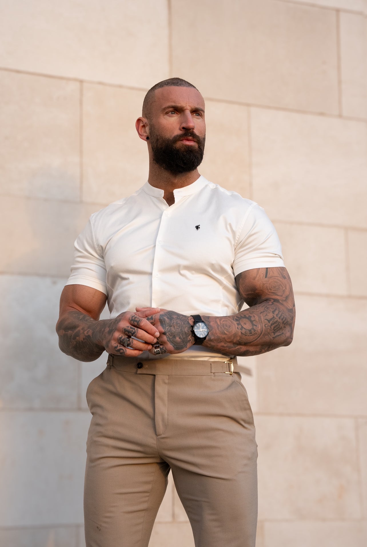 Super Slim Stretch Off White Side Panel Shirt Grandad Collar SS - FS1140
