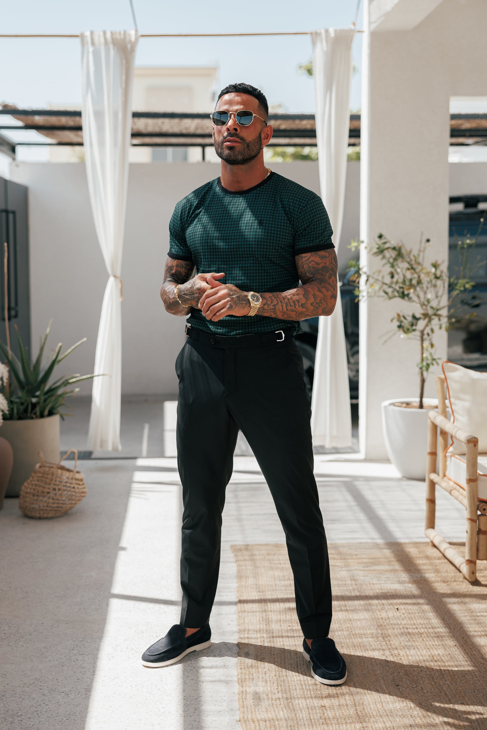 Printed Forest Green / Black Check Fitted T Shirt - FSH1241