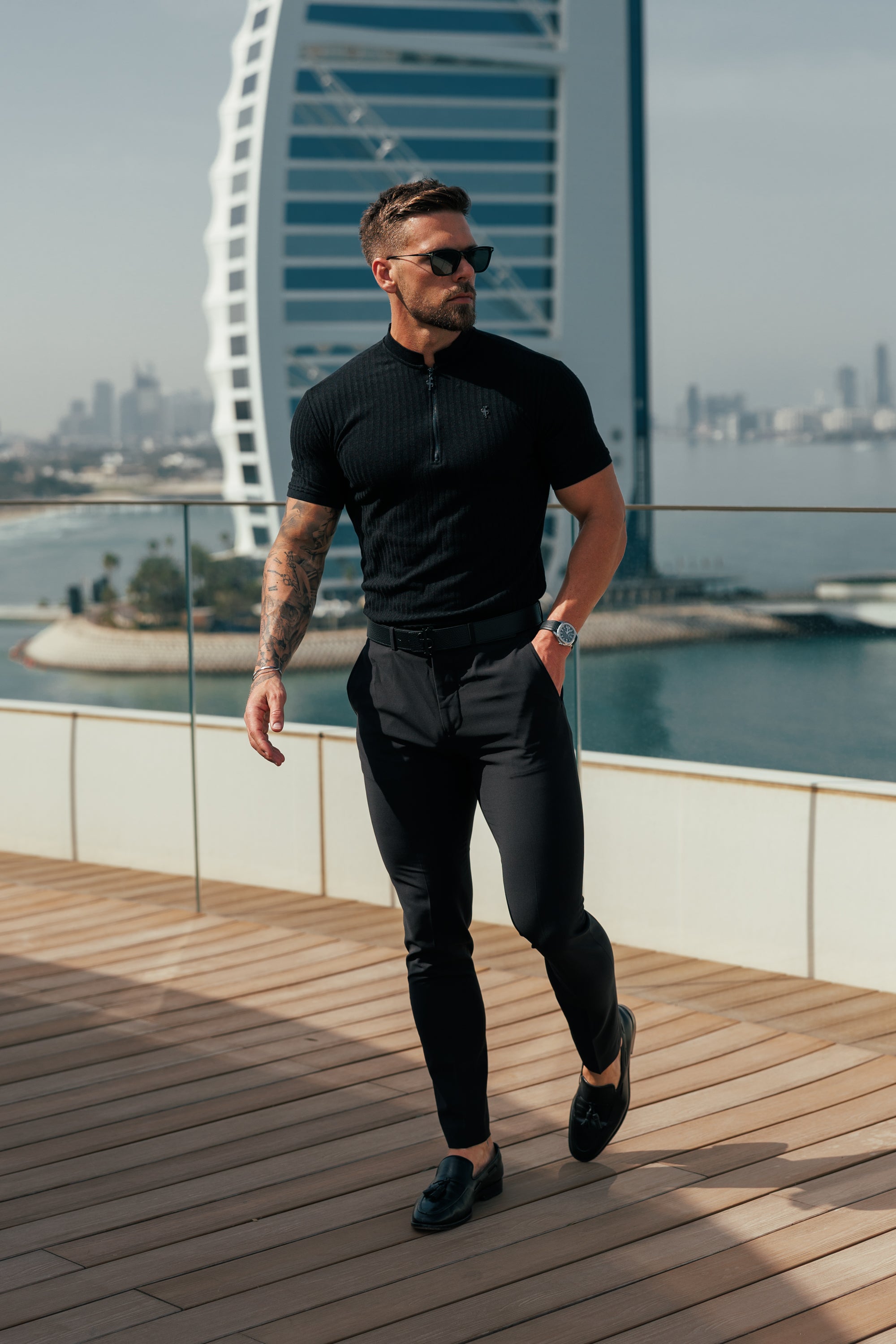 Super Slim Black / Black Ribbed Zip Grandad Collar Shirt Short Sleeve - FSH1446