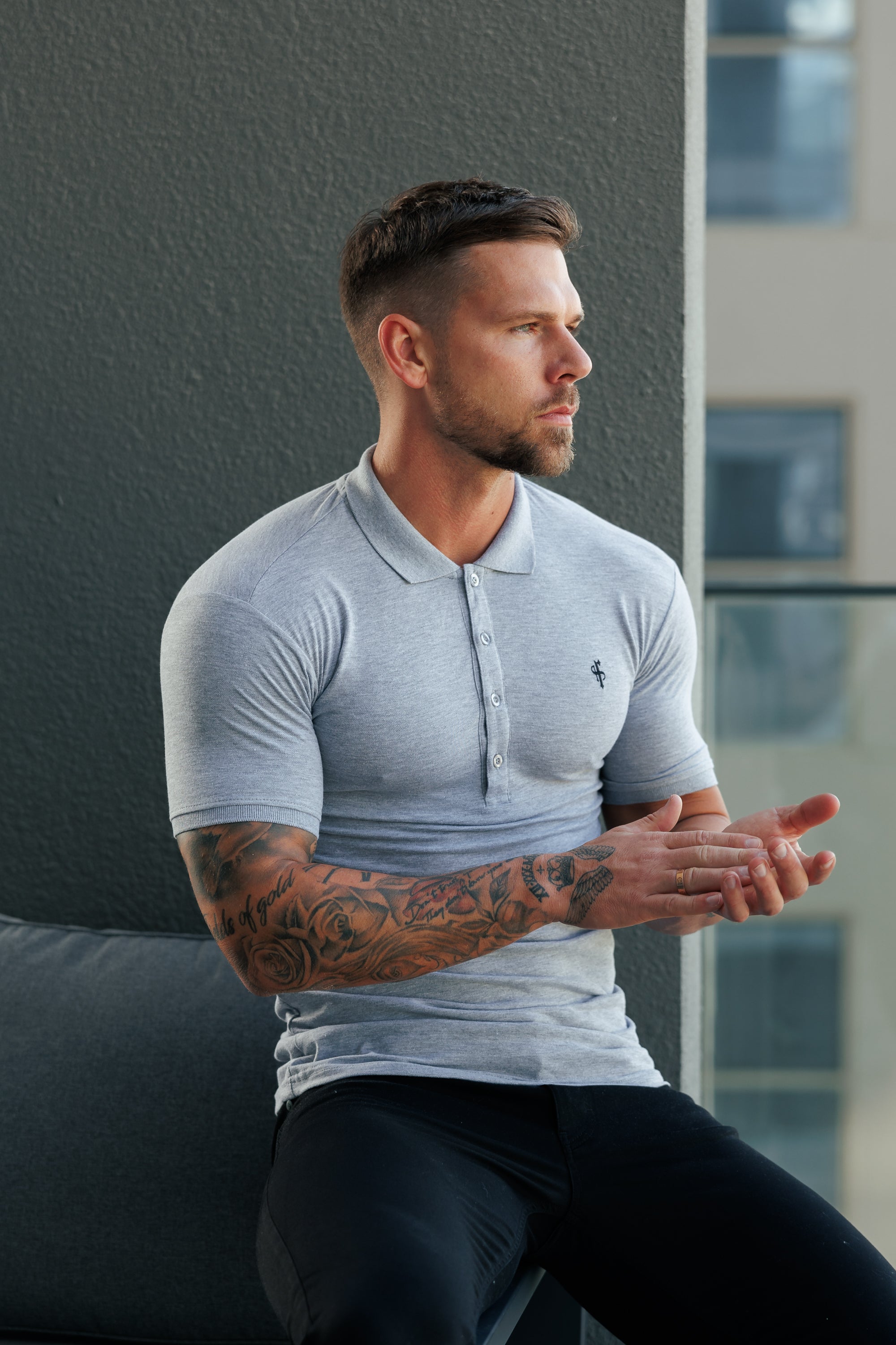 Classic Light Grey Polo Shirt with Tonal Button and Black Embroidery - FSH1268