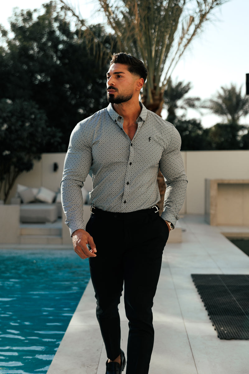 Father Sons Super Slim Stretch Black / White Diamond Print Long Sleeve with Button Down Collar - FS1226