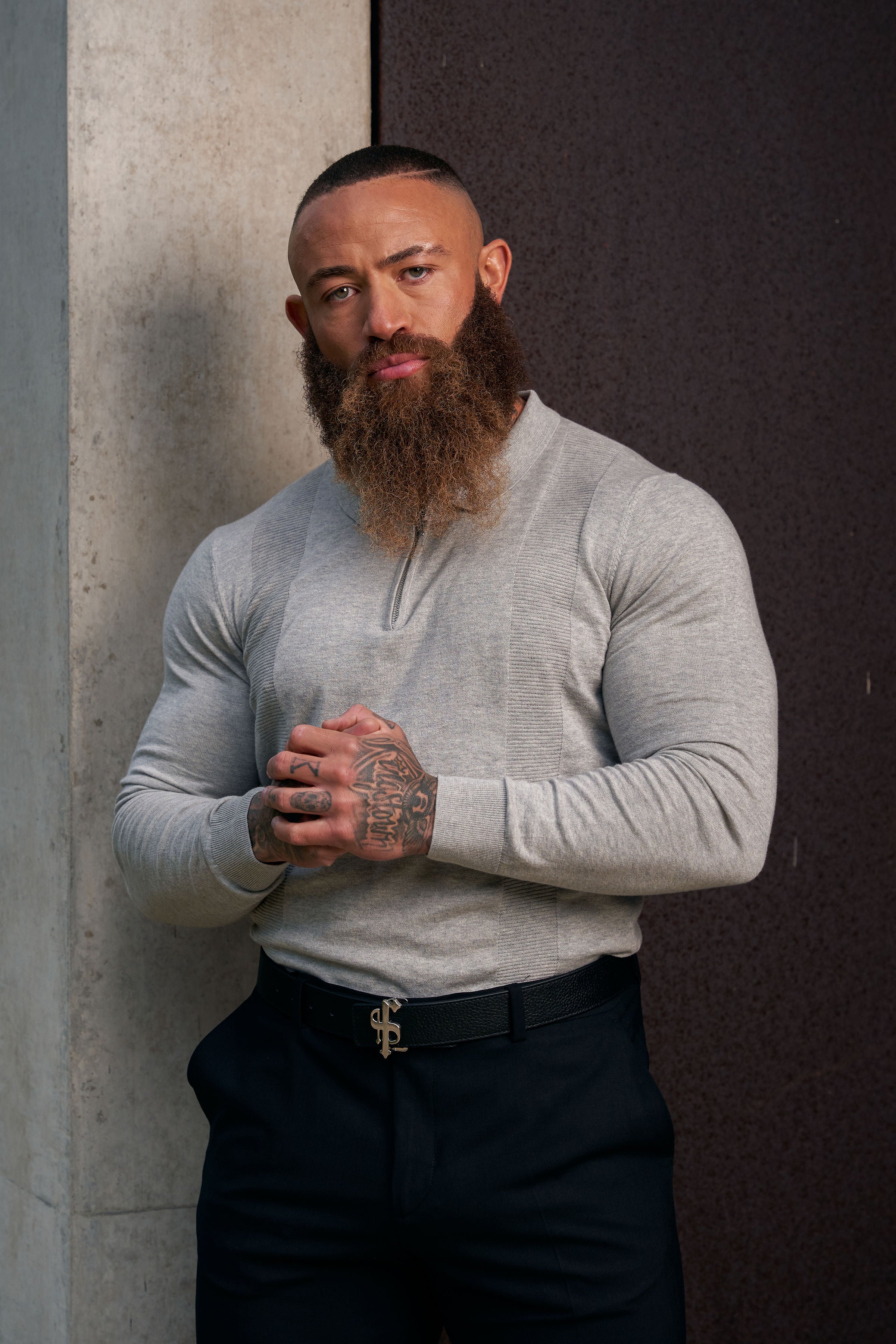 Classic Grey Marl and Silver Zip Knitted Polo Shirt Long Sleeve - FSN127