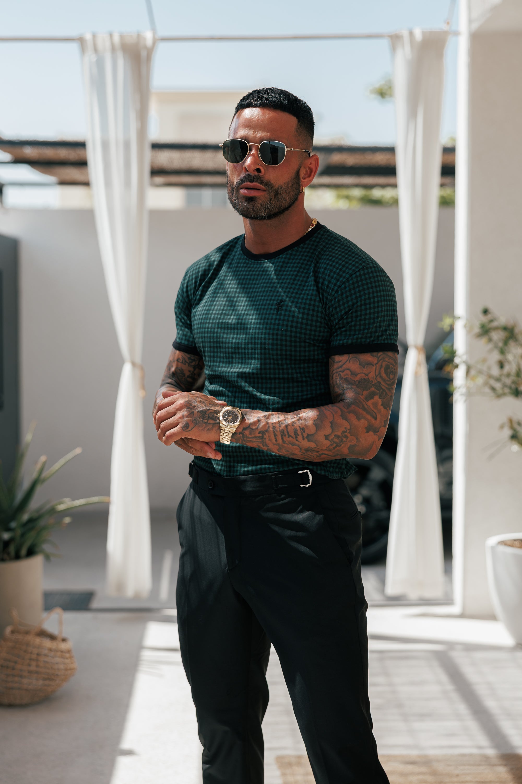 Printed Forest Green / Black Check Fitted T Shirt - FSH1241