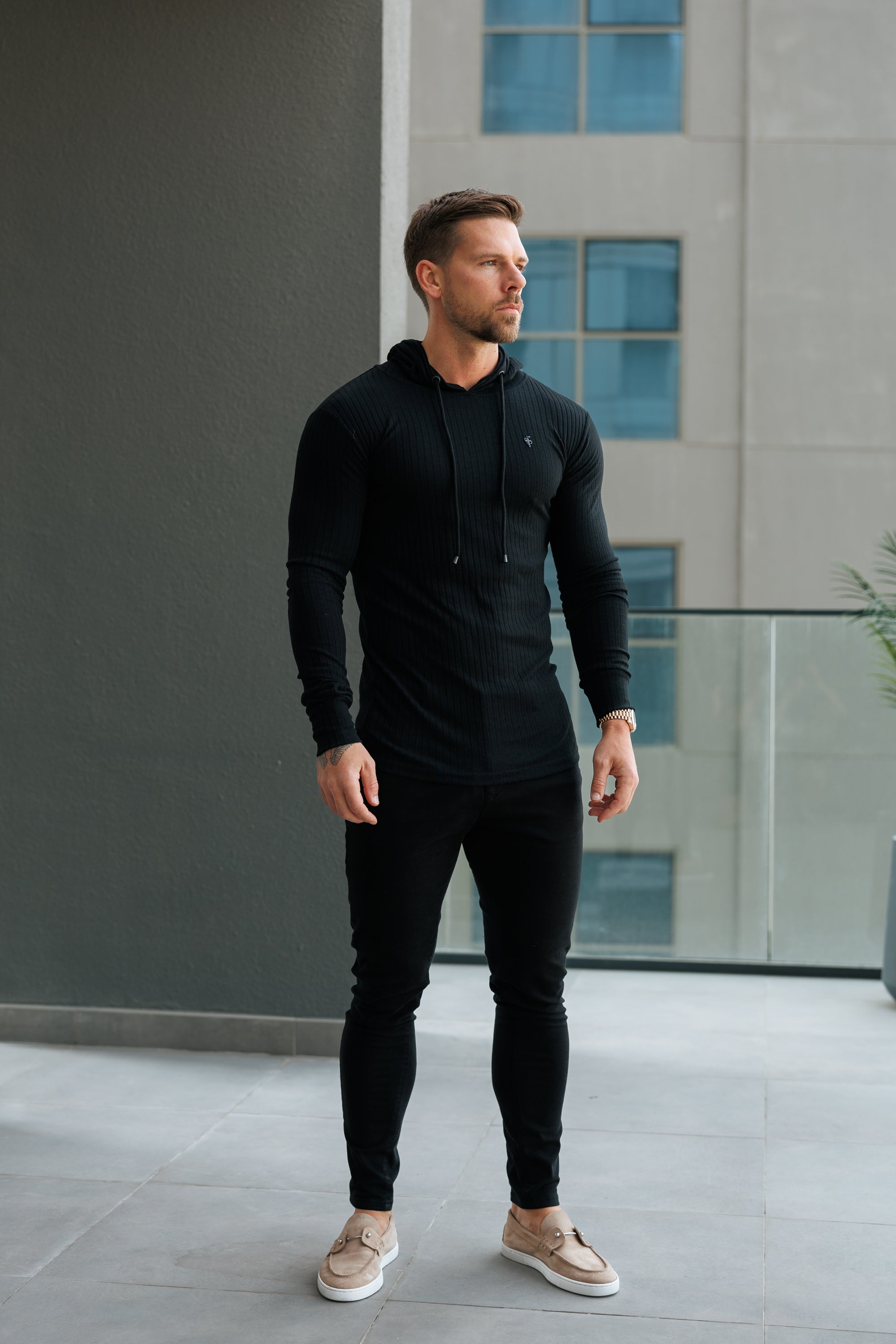 Classic Black Ribbed Knit Hoodie Jumper With Black Emblem - FSH1307