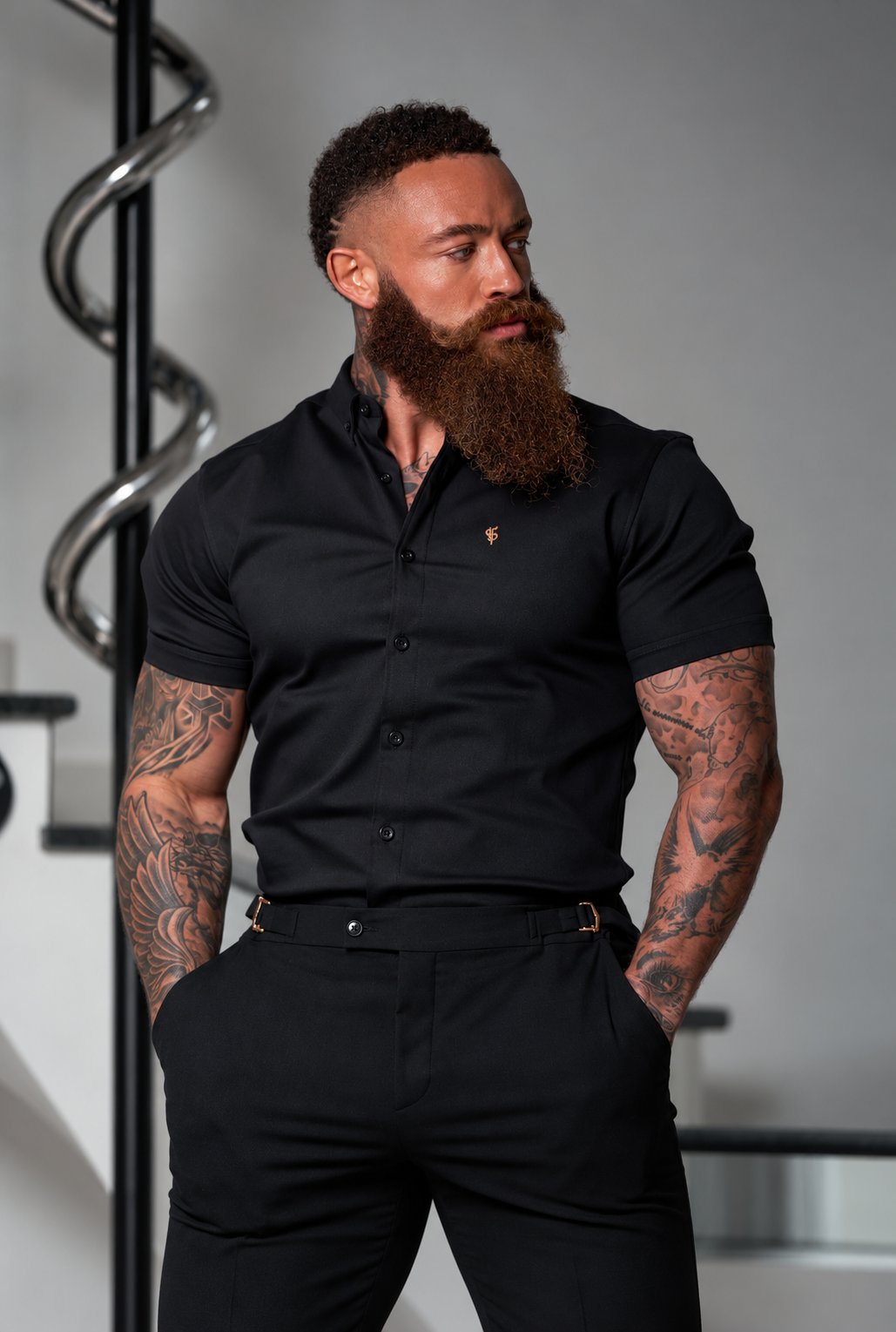 Super Slim Stretch Black Denim Short Sleeve with Gold Metal Decal and Button Down Collar - FS1041 (PRE ORDER 18TH OCTOBER)