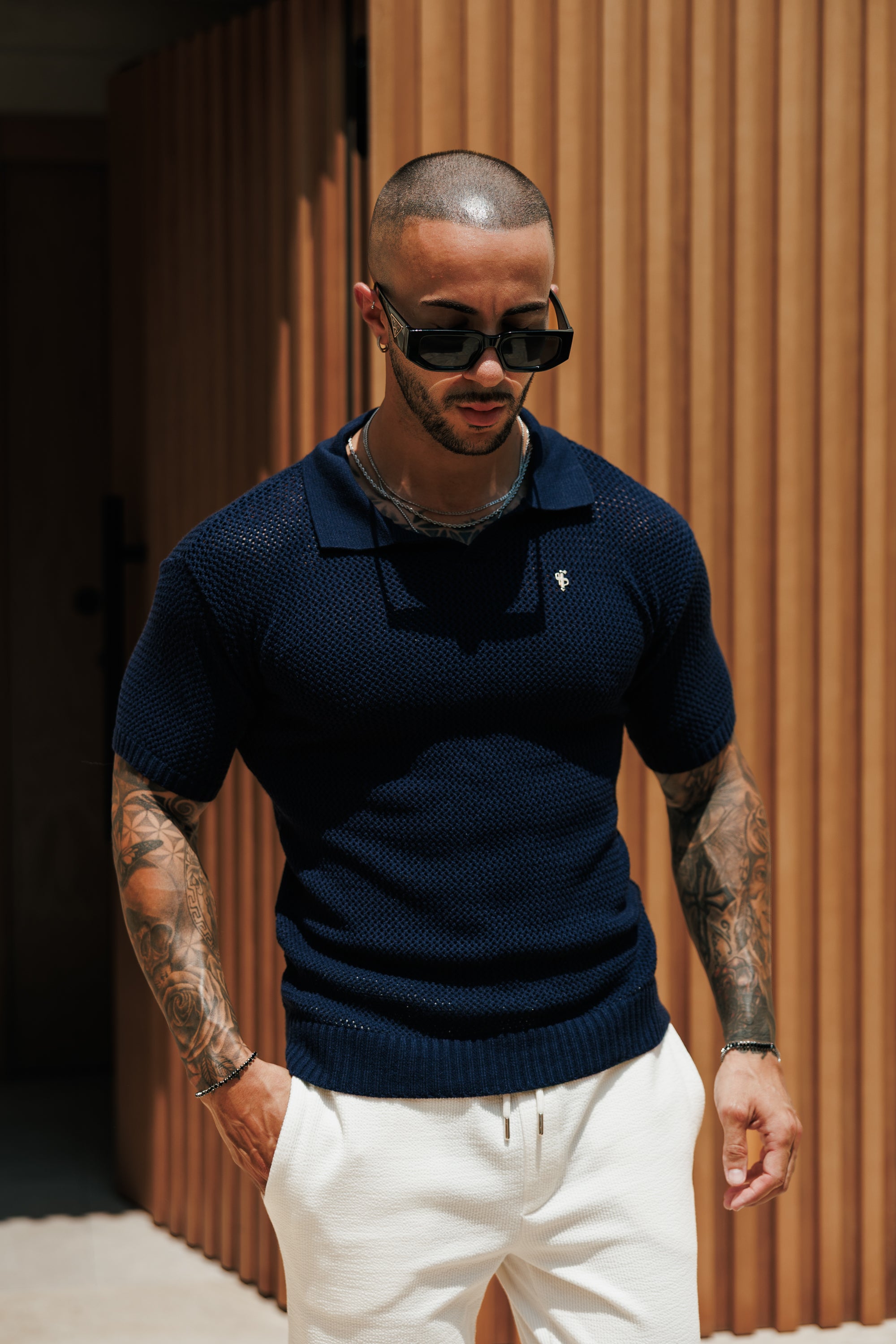 Navy / Gold Plain Crochet Knitted Revere Short Sleeve Polo - FSJ179