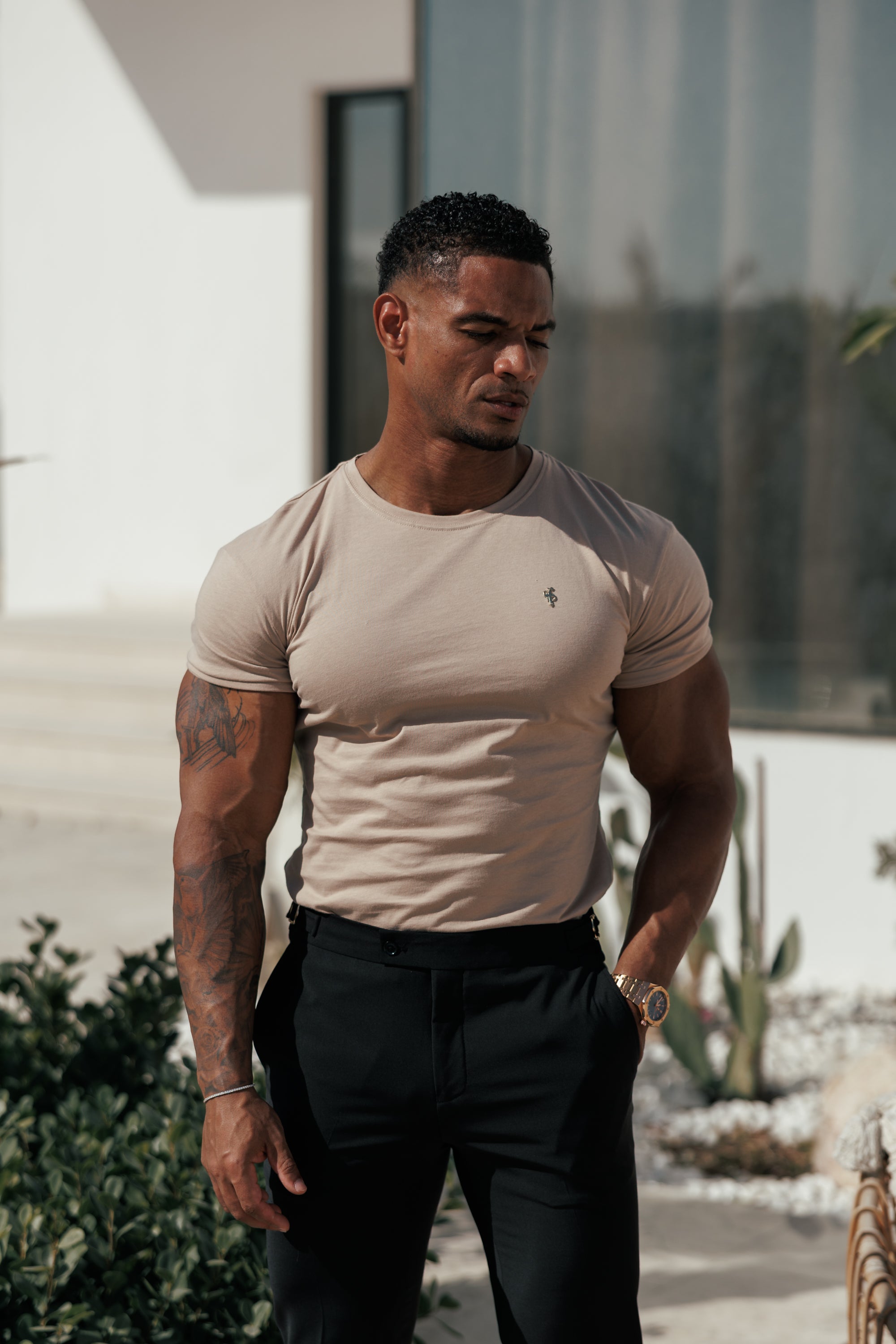 Beige / Gold Crew Tshirt with Gold Metal Emblem Decal FSH1455