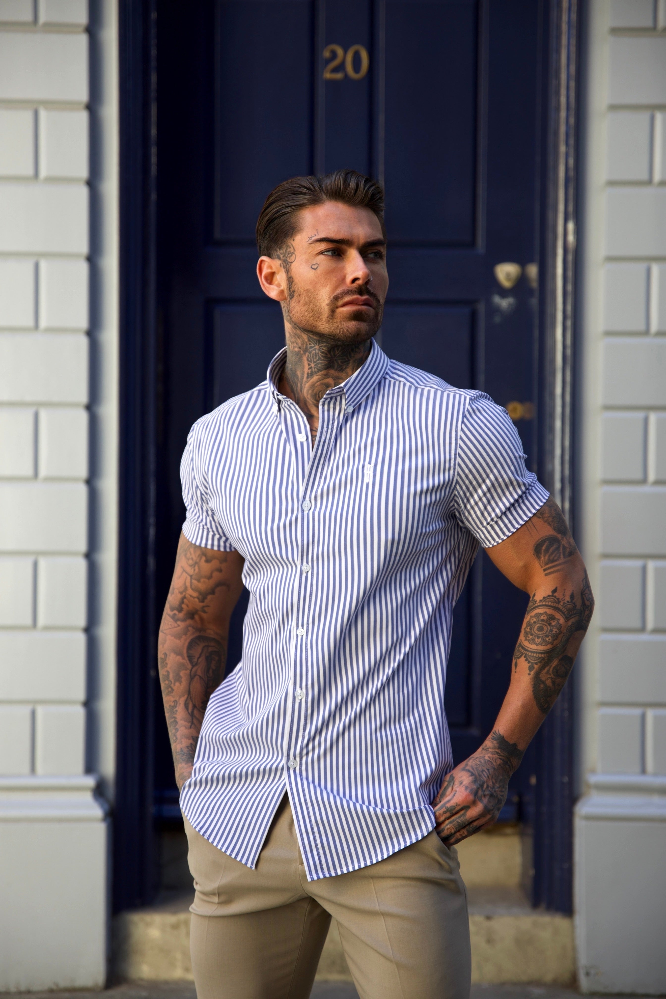 Classic Navy and White Single Woven Stripe Short Sleeve - FS980
