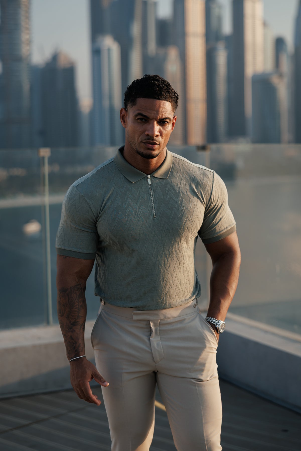 Classic Jacquard Olive Chevron Zipped Polo - FSR060