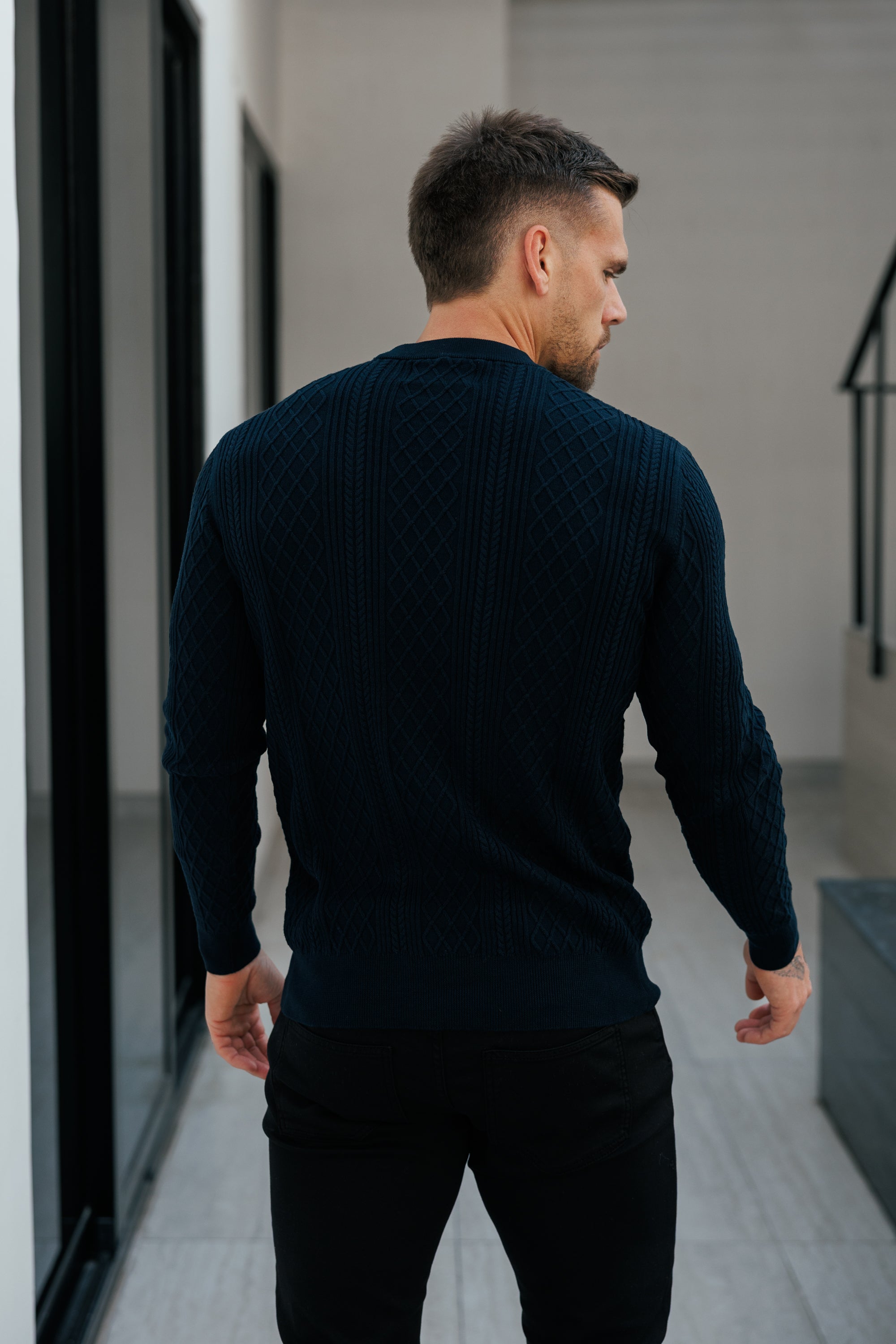 Fine Knit Diamond Navy Jumper Long Sleeve  -  FSA007